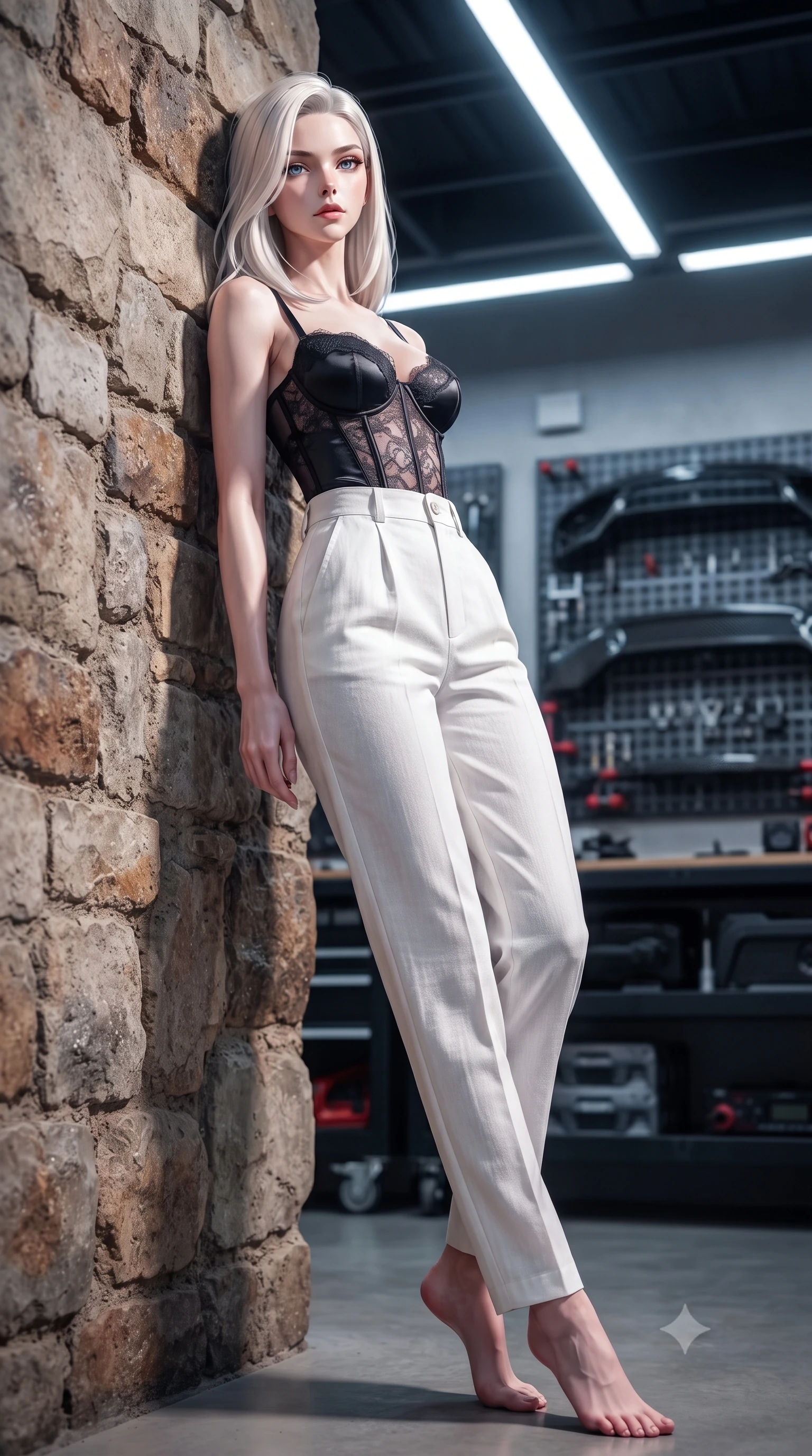score_9, masterpiece, best quality, ultra-detailed, high-budget anime keyframe, editorial fashion photography, tasteful artistic composition, Caucasian woman. low angle full-body shot from head to toe showing her feet, filling the entire 9:16 vertical frame with her statuesque presence, stretching her vertical silhouette. leaning back against a rustic stone wall, casting a slow, alluring gaze at the camera the background shows a soft-focus an automated vehicle tuning bay with laser calibration grids and carbon fiber racks. She has an absolutely perfect, statuesque 8.5-heads proportion, an exceptionally tall and slender model-like female figure with impossibly long slender legs and an ultra-slim waist. sharp v-shaped jawline, high-bridge nose, intricate jewel-like eyes with depth, thick eyelashes, glossy lips with a natural sheen. wearing a tailored delicate lace corset top in black silk, paired with high-waisted white linen trousers. sharp white spotlights casting clean, structured shadows across her pose. highly saturated vibrant anime colors, detailed shading with soft gradients, rich glossy textures, high-contrast stereoscopic depth, volumetric dynamic lighting, master piece, 9:16 ratio