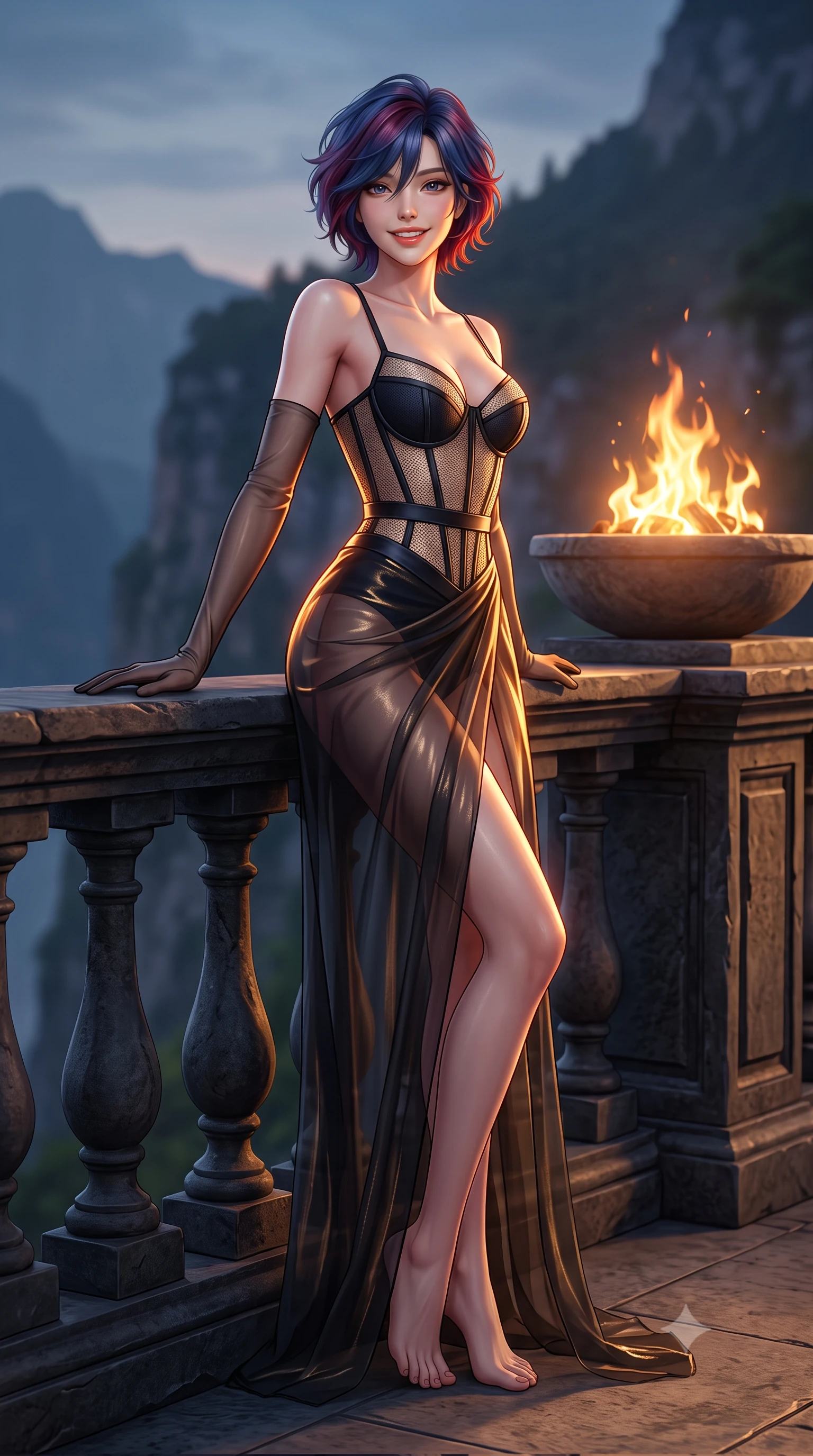 score_9, masterpiece, best quality, ultra-detailed, high-budget anime keyframe, semi-realistic 3D game render, editorial fashion photography, tasteful artistic composition, Korean woman. low angle full-body shot from head to toe showing her feet, filling the entire 9:16 vertical frame with her statuesque presence, stretching her vertical silhouette. leaning deep against the balcony balustrade with hips cocked back in an unapologetically alluring high-fashion stance, casting an intoxicating glance while twisting her slender torso in an alluring contrapposto stance beside the terrace fire bowl, golden flame ribbons tracing her narrow waist and hips. The background shows a soft-focus dancing fire pit flames softened in dramatic mountain clifftop shallow focus. She has an exceptionally tall and slender model-like 8.5-heads proportion, an ultra-slim waist, a flat toned midriff, narrow delicate ribcage, and beautifully sculpted feminine hips creating a graceful, slim hourglass silhouette without any bulky heaviness, with impossibly long slender legs. sharp v-shaped jawline, high-bridge nose, intricate jewel-like sparkling eyes with depth, thick eyelashes, glossy parted lips with a natural peach sheen, bright cheerful beaming smile with an enchanting and coquettish sensual glint, exuding both youthful cute charm and seductive allure, flawlessly proportioned anatomical accuracy, strict slender model proportions, natural body alignment, perfectly sculpted long slender limbs, ultra-slim waistline, clean dynamic posture without body distortion. wearing a provocative translucent mesh corset bodice with boned satin channels paired with a sheer chiffon wrap maxi skirt in deep midnight obsidian black and champagne gold, crafted from stretch micro-mesh with liquid foil coating that shimmers with every movement, complemented by sheer opera-length evening gloves tracing her slender arms, the second-skin tailored fabric adhering flawlessly to her sculpted flat midriff and slender torso, emphasizing her long leg lines and perfectly proportioned willowy build. illuminated by stone deck bounce and sharp copper-gold rim lights sculpting her jawline, narrow waist, and curvy hips. highly saturated vibrant anime colors, detailed shading with soft gradients, rich glossy textures, high-contrast stereoscopic depth, volumetric dynamic lighting, master piece, 9:16 ratio
