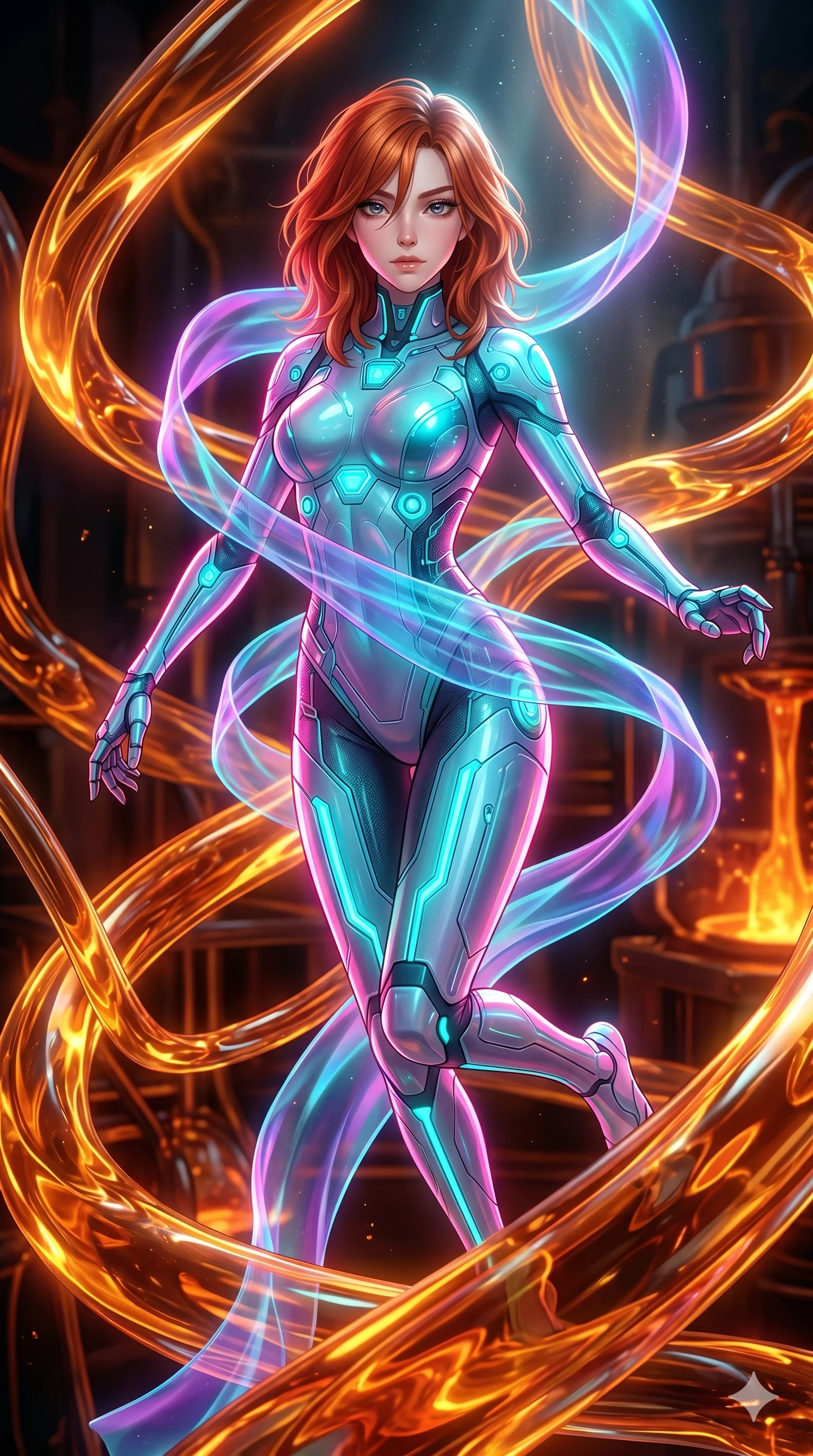 score_9, masterpiece, best quality, ultra-detailed, high-budget anime keyframe, Japanese woman. upper body close-up from the thighs up, character filling the screen for maximum presence. bounding through a molten glass art studio where twisting, glowing amber glass tubes rotate like fluid rivers in a heated environment. She has an absolutely perfect 8-heads proportion, an exceptionally tall and slender female figure with impossibly long slender legs and an ultra-slim waist. V-shaped jawline, high-bridge nose, intricate jewel-like eyes with depth, thick eyelashes, glossy lips with a natural sheen.. wearing a cybernetic bodysuit with a holographic ribbon, featuring a precision-fitted structured bodysuit wrapped in a translucent flowing holographic organza ribbon. bathed in brilliant cinematic volumetric lighting and intense neon rim light highlighting her slender form. 2k, ultra detail, master piece, 9:16 ratio