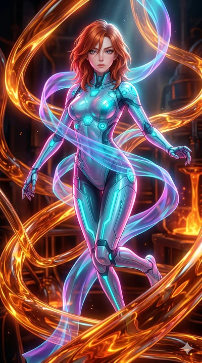 score_9, masterpiece, best quality, ultra-detailed, high-budget anime keyframe, Japanese woman. upper body close-up from the thighs up, character filling the screen for maximum presence. bounding through a molten glass art studio where twisting, glow