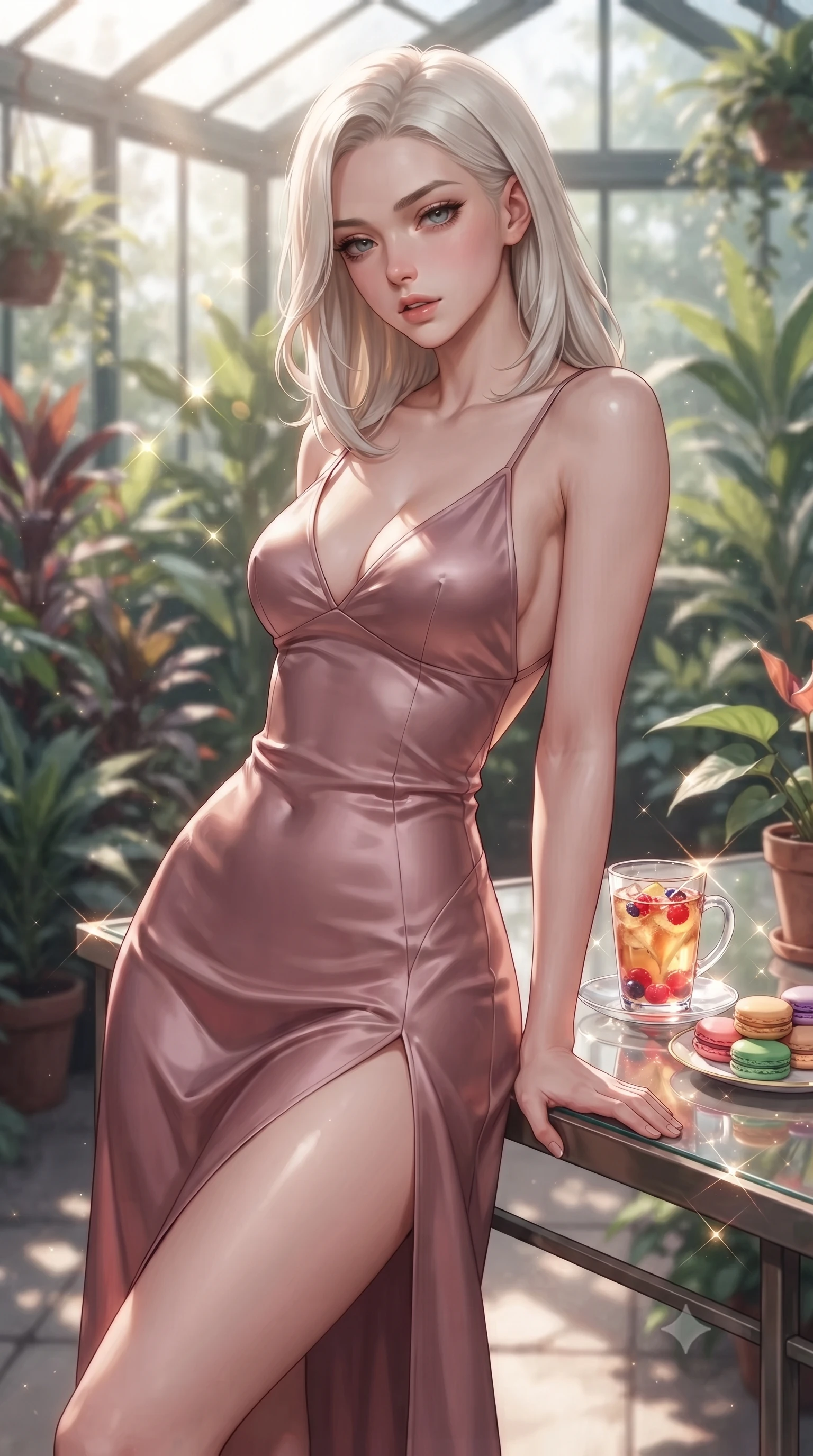 score_9, masterpiece, best quality, ultra-detailed, high-budget anime keyframe, editorial fashion photography, tasteful artistic composition, Caucasian woman. close-up cowboy shot from the waist and thighs up, the character dominates the composition, filling the frame with her large presence, background elements kept in soft focus. looking down at the viewer beneath lowered lashes with a quiet, smoldering confidence and parted lips set against a soft-focus background of inside an exclusive botanical greenhouse with a glass of iced fruit tea and delicate macaron pastries arranged on the table. She has an exceptionally elegant, slender, and willowy female figure with an ultra-slim waist, a gracefully sculpted slender torso, and a refined silhouette. sharp v-shaped jawline, high-bridge nose, intricate jewel-like eyes with depth, thick eyelashes, glossy lips with a natural sheen. wearing form-contouring dusty rose liquid satin open-back silk slip dress featuring a deep V-neckline and a leg-lengthening side slit featuring refined tailored seams. lit by crisp morning sun rays creating sparkling glints on polished glass and water. ultra-reflective glossy finish, specular highlights, metallic sheen, high-contrast stereoscopic depth, volumetric dynamic lighting, 2k, ultra detail, master piece, 9:16 ratio