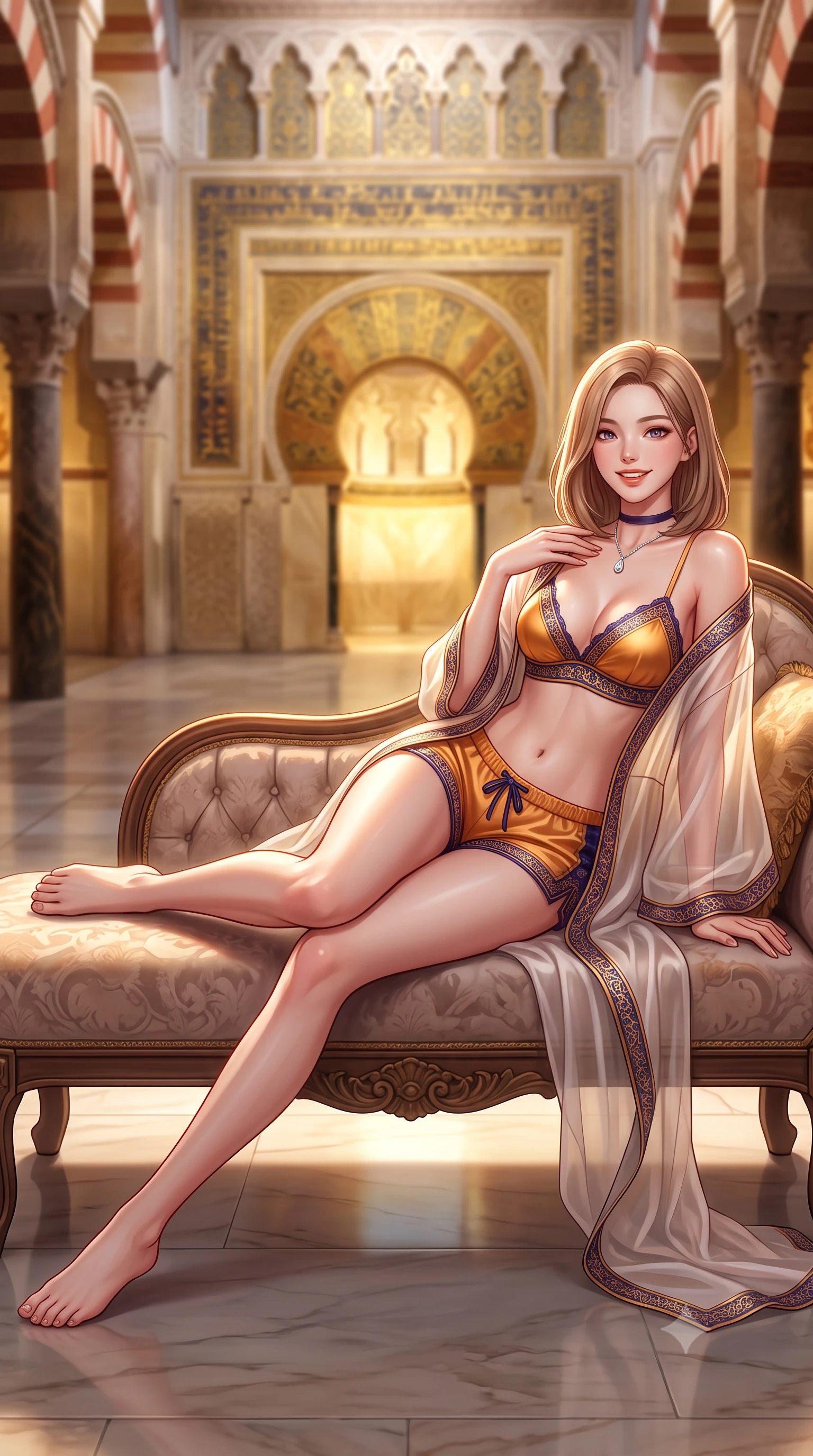 score_9, masterpiece, best quality, ultra-detailed, high-budget anime keyframe, semi-realistic 3D game render, editorial fashion photography, tasteful artistic composition, Korean woman. low angle full-body shot from head to toe showing her feet, filling the entire 9:16 vertical frame with her statuesque presence, stretching her vertical silhouette. reclining gracefully across the plush chaise lounge with one leg extended, her sculpted silhouette and flat midriff radiating magnetic nocturnal glamour while sitting gracefully on the carved stone bench with legs crossed, running one manicured hand slowly down her collarbone with magnetic allure. The background shows a soft-focus distant mihrab gold mosaic radiance softened in historic Andalusian cathedral-mosque shallow focus. She has an exceptionally tall and slender model-like 8.5-heads proportion, an ultra-slim waist, a flat toned midriff, narrow delicate ribcage, and beautifully sculpted feminine hips creating a graceful, slim hourglass silhouette without any bulky heaviness, with impossibly long slender legs. sharp v-shaped jawline, high-bridge nose, intricate jewel-like sparkling eyes with depth, thick eyelashes, glossy parted lips with a natural peach sheen, bright cheerful beaming smile with an enchanting and coquettish sensual glint, exuding both youthful cute charm and seductive allure, flawlessly proportioned anatomical accuracy, strict slender model proportions, natural body alignment, perfectly sculpted long slender limbs, ultra-slim waistline, clean dynamic posture without body distortion. wearing a sheer silk organza modern kimono robe worn loose and slipping off bare shoulders over a matching satin bralette and micro-shorts in Seville orange blossom gold and midnight moorish indigo, woven from buttery-soft stretch lambskin leather adhering to her body like a second skin, finished with a thin velvet ribbon choker and a single teardrop diamond pendant, the second-skin tailored fabric adhering flawlessly to her sculpted flat midriff and slender torso, emphasizing her long leg lines and perfectly proportioned willowy build. illuminated by polished stone floor bounce and sharp flame-gold rim lights defining her dewy collarbones, ultra-slim waist, and curvy hips. highly saturated vibrant anime colors, detailed shading with soft gradients, rich glossy textures, high-contrast stereoscopic depth, volumetric dynamic lighting, master piece, 9:16 ratio