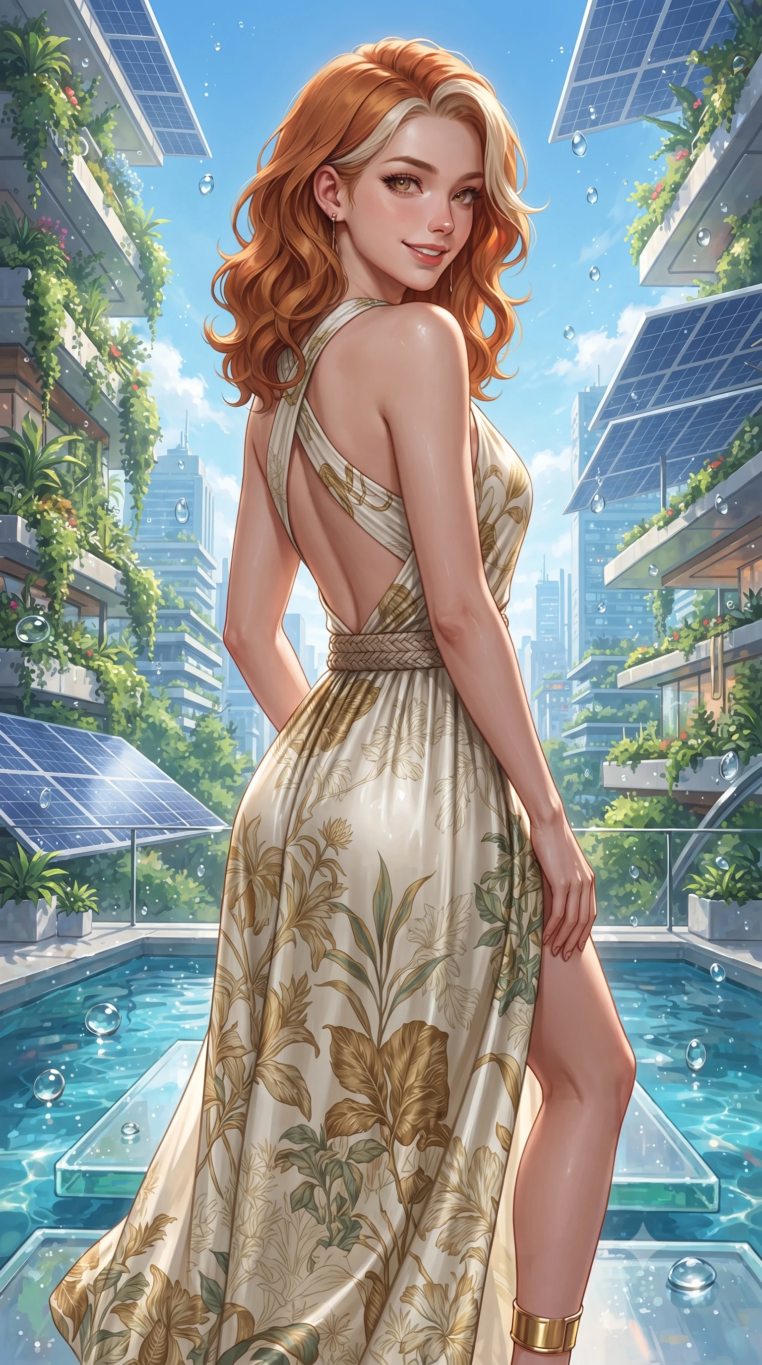 score_9, masterpiece, best quality, ultra-detailed, high-budget anime keyframe, editorial fashion photography, tasteful artistic composition, Caucasian woman. close-up cowboy shot from the waist and thighs up, the character dominates the composition, filling the frame with her large presence. turning over a bare shoulder with an intoxicating, teasing smile, her soft hair framing her sharp jawline as she looks back while standing poised on a floating glass stepping stone above the emerald biosphere, displaying her flawless slender proportions. The surrounding environment is rendered in vivid detail and crisp panoramic clarity. detailed sky-high metropolis greenery, architectural solar panels, and water droplets in high clarity. She has an exceptionally elegant, slender, and willowy female figure with an ultra-slim waist, a gracefully sculpted slender torso, toned flat midriff, and a refined slim silhouette. sharp v-shaped jawline, high-bridge nose, intricate jewel-like eyes with depth, thick eyelashes, glossy parted lips with a natural sheen, intensely captivating and seductive expression, flawlessly proportioned anatomical accuracy, strict slender model proportions, natural body alignment, perfectly sculpted long slender limbs, ultra-slim waistline, clean dynamic posture without body distortion. wearing an open-waist botanical print silk maxi gown with crossed halter straps and bare back in pristine ivory white and brushed brass gold, crafted from breathable crinkled linen and lightweight modal knit, accessorized with a woven botanical belt and minimalist gold ankle cuff, the form-contouring material adhering flawlessly to her sculpted flat midriff and slender torso, emphasizing her long leg lines and perfectly proportioned willowy build. bathed in midday azure skylight and shimmering pool water caustic bounce lights. ultra-reflective glossy finish, specular highlights, rich textural contrasts, high-contrast stereoscopic depth, volumetric dynamic lighting, 2k, ultra detail, master piece, 9:16 ratio