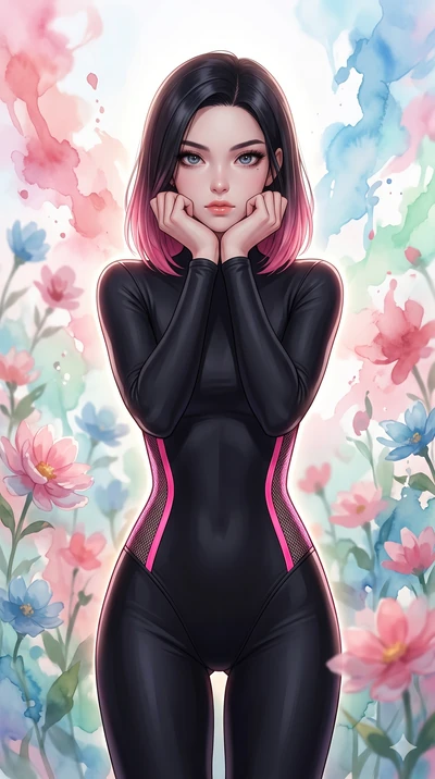 score_9, masterpiece, best quality, ultra-detailed, high-budget anime keyframe, editorial fashion photography, tasteful artistic composition, Korean woman. close-up cowboy shot from the waist and thighs up, the character dominates the composition, fi