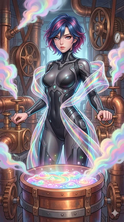 score_9, masterpiece, best quality, ultra-detailed, high-budget anime keyframe, Korean woman. upper body close-up from the thighs up, character filling the screen for maximum presence. operating a steampunk aurora foundry surrounded by massive copper