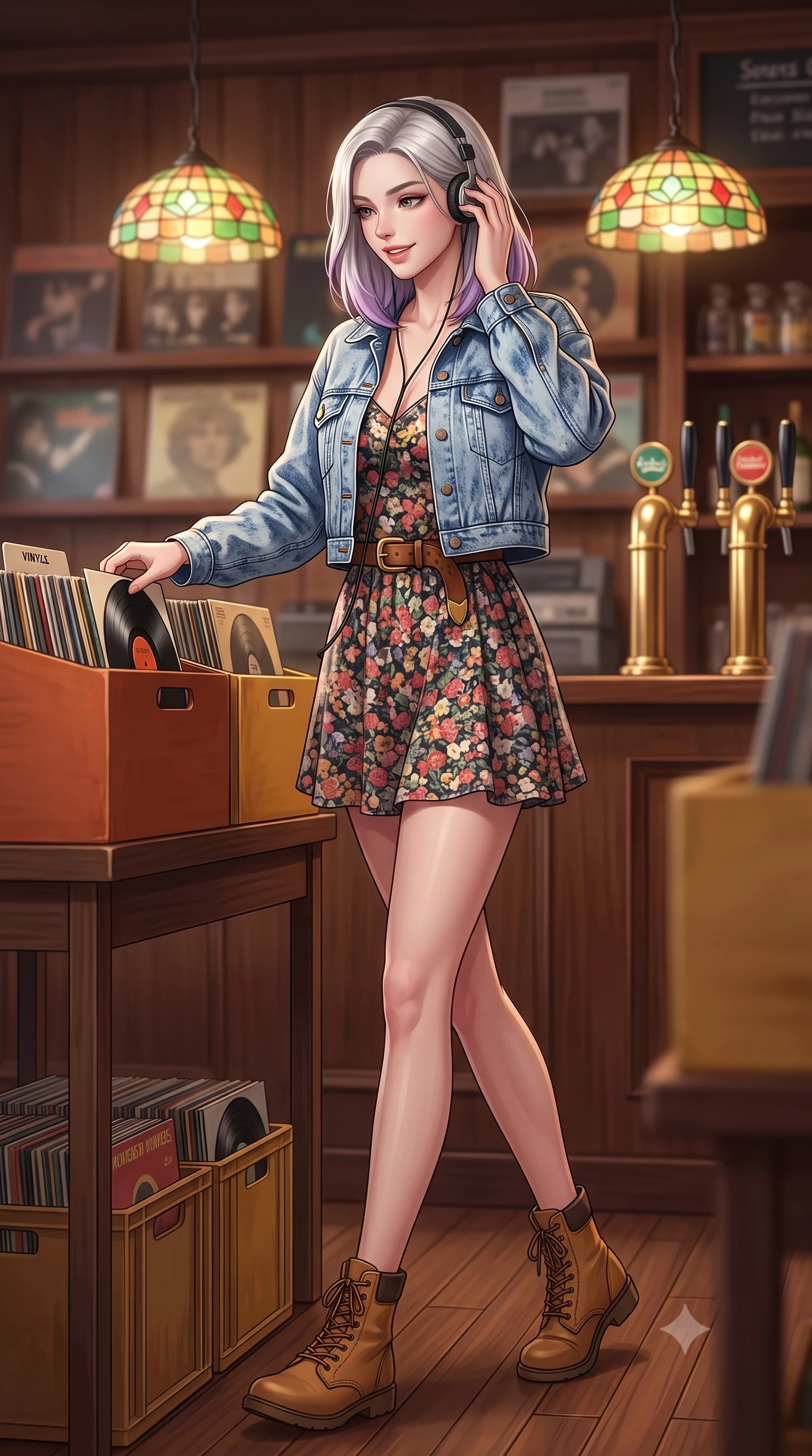 score_9, masterpiece, best quality, ultra-detailed, high-budget anime keyframe, semi-realistic 3D game render, editorial fashion photography, tasteful artistic composition, Caucasian woman. low angle full-body shot from head to toe showing her feet, filling the entire 9:16 vertical frame with her statuesque presence, stretching her vertical silhouette. stepping forward gracefully in mid-motion, displaying her toned flat midriff and flawlessly sculpted slender limbs while browsing through crates of vintage vinyl records in a cozy, wood-paneled record shop with a fascinated, sweet smile. The composition keeps background elements in soft focus with creamy bokeh. stained glass pendant lamps and brass bar taps softened in cozy analog depth of field. She has an absolutely perfect, statuesque 8.5-heads proportion, an exceptionally tall and slender model-like female figure with impossibly long slender legs, a toned flat midriff, and an ultra-slim waist. sharp v-shaped jawline, high-bridge nose, intricate jewel-like eyes with depth, thick eyelashes, glossy lips with a natural sheen, captivating and magnetic expression, flawlessly proportioned anatomical accuracy, strict slender model proportions, natural body alignment, perfectly sculpted long slender limbs, ultra-slim waistline, clean dynamic posture without body distortion. wearing a classic cropped acid-wash denim jacket paired with a floral print slip dress and combat boots in vintage camel brown and washed indigo denim, made of crisp lightweight vintage crinkle nylon, accessorized with a classic leather belt with brass buckle and retro on-ear foam headphones, the form-contouring material adhering flawlessly to her sculpted flat midriff and slender torso, emphasizing her long leg lines and perfectly proportioned willowy build. illuminated by soft directional key light defining her high-bridge nose, glossy lips, and slender neckline. highly saturated vibrant anime colors, detailed shading with soft gradients, rich glossy textures, high-contrast stereoscopic depth, volumetric dynamic lighting, master piece, 9:16 ratio