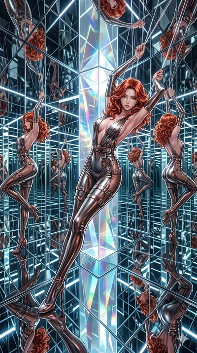 score_9, masterpiece, best quality, ultra-detailed, High-budget Anime Keyframe, East Asian woman. Dynamic full-body shot stretching the vertical silhouette to the limit. Scenario 176: Suspended by invisible silk threads in a hall of mirrors. Her pres