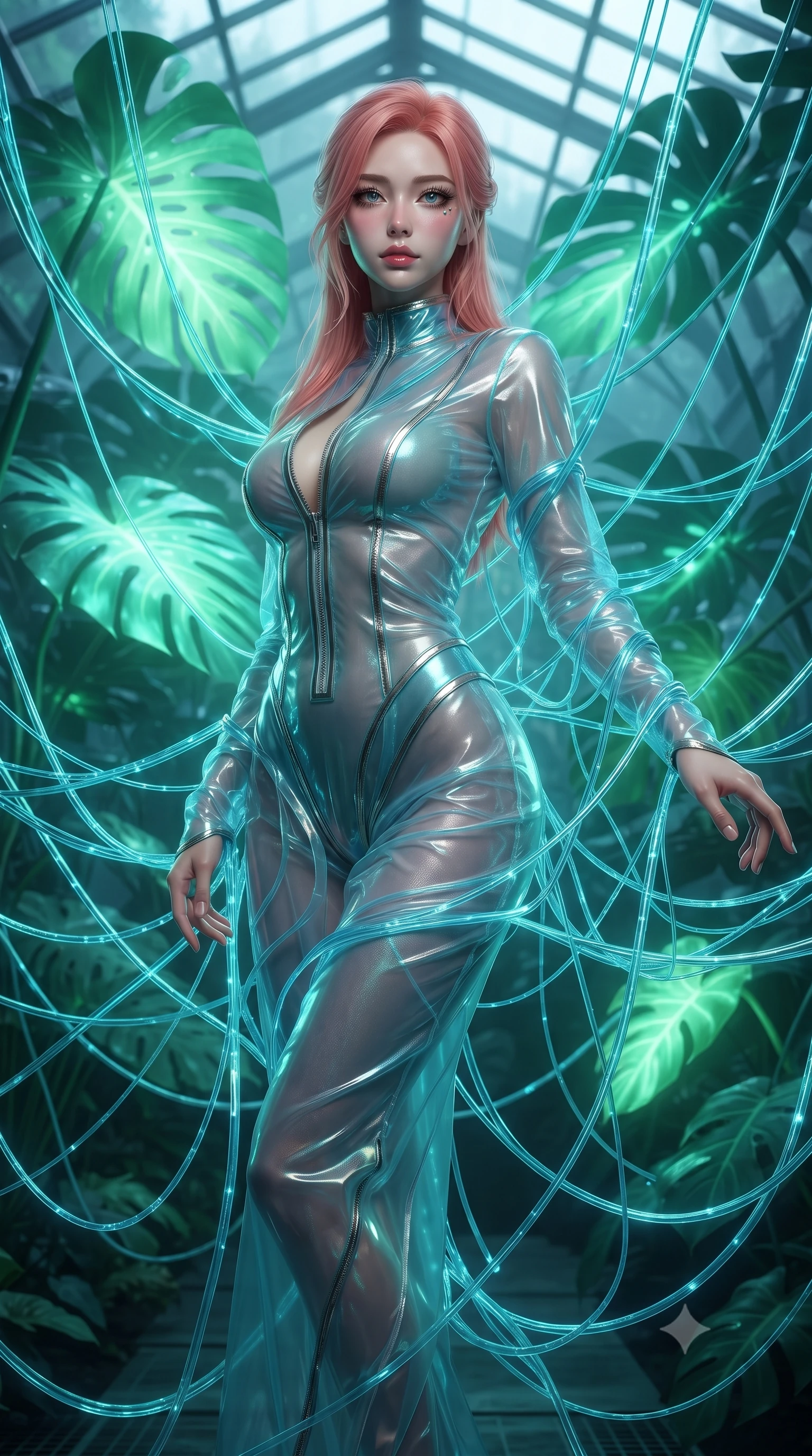 score_9, masterpiece, best quality, ultra-detailed, High-budget Anime Keyframe, editorial fashion photography, tasteful artistic composition, realistic cosplay photography, East Asian woman. Dynamic full-body shot stretching the vertical silhouette to the limit. Scenario 360: tangled in a web of glowing cyan fiber-optic cables inside a cybernetic greenhouse filled with giant glowing tropical leaves. Her presence is magnetic and overpowering in this high-budget cinematic scene. Outfit 360: a body-hugging shimmering chiffon dangerous with a unzipped detail and translucent layers. The clothing is designed to emphasize her exceptionally tall and slender 8-heads proportion. 8-heads proportion, towering silhouette, ultra-slim waist. sharp v-shaped jawline, intricate jewel-like eyes with depth, thick eyelashes, glossy lips. ultra-reflective glossy finish, specular highlights, metallic sheen, high-contrast stereoscopic depth, volumetric dynamic lighting, 2k, ultra detail, master piece, 9:16 ratio