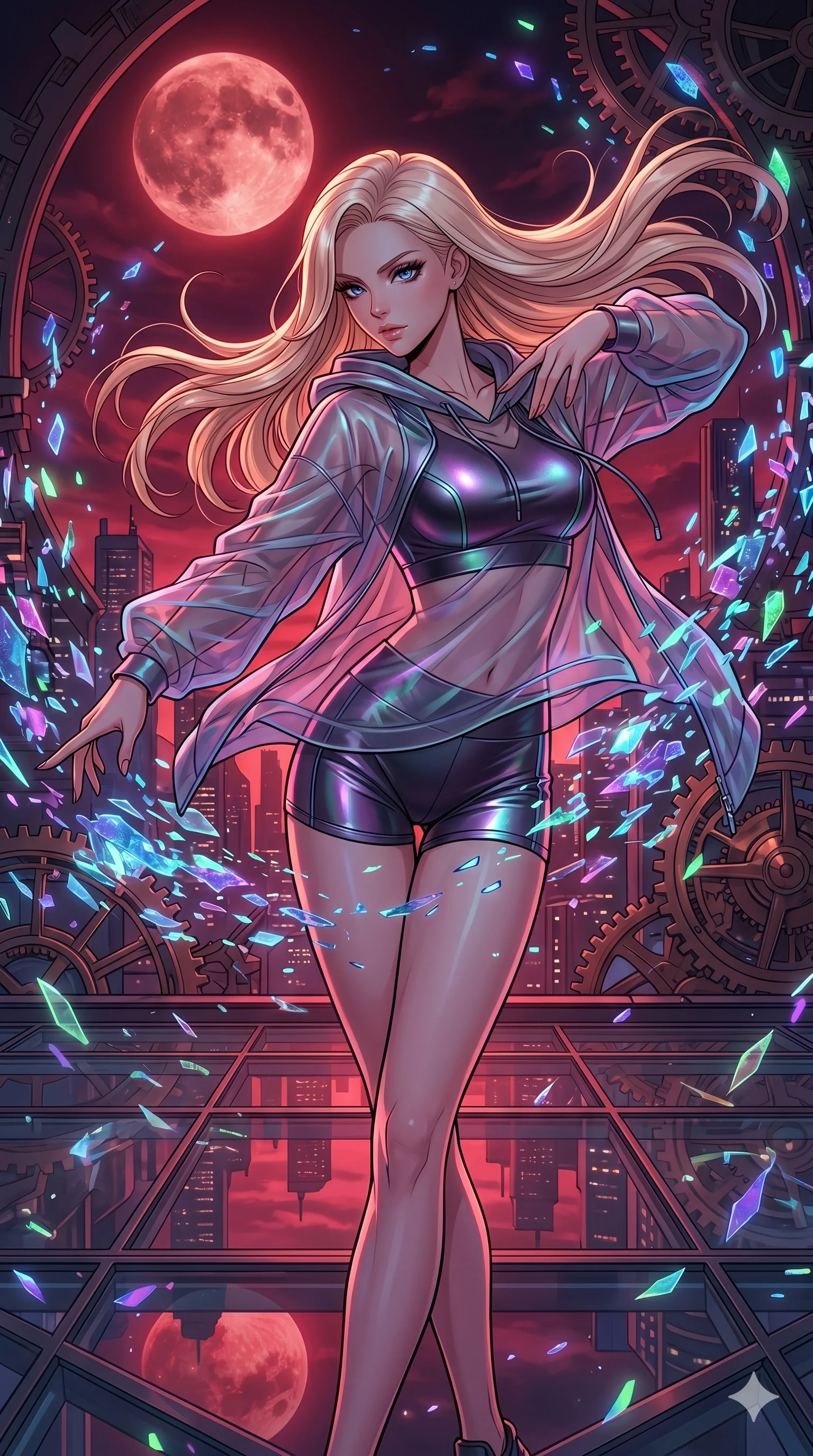 score_9, masterpiece, best quality, ultra-detailed, high-budget anime movie keyframe, cinematic anime lighting, intricate line art, Japanese woman. Upper body filling screen focusing on her alluring features and slim-fit silhouette. dancing with data-shards in a clockwork heart of a city under a blood moon. She has an absolutely perfect 8-heads proportion, an exceptionally tall and slender female figure with an ultra-slim waist and impossibly long slender legs. sharp v-shaped jawline, high-bridge nose, intricate jewel-like eyes, thick eyelashes, glossy lips. Wearing premium athleisure set with a metallic-finish compression top, high-cut yoga shorts that accentuate her long legs, and a sheer oversized hoodie. The scene is illuminated by dramatic atmospheric lighting and vibrant color palettes. , 2k, ultra detail, master piece, 9:16 ratio