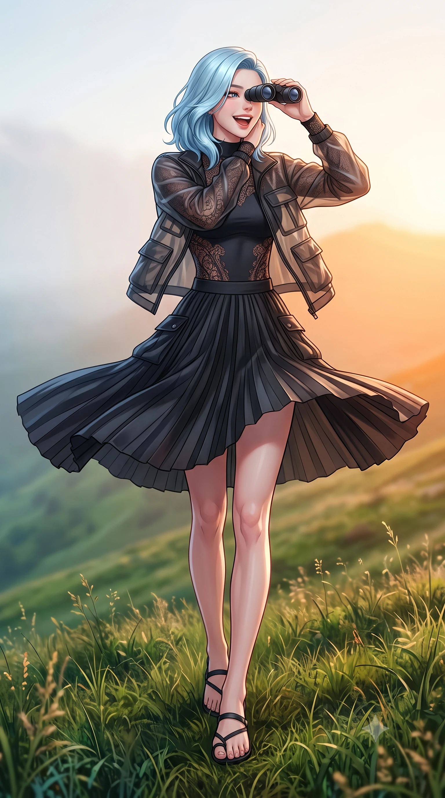 score_9, masterpiece, best quality, ultra-detailed, high-budget anime keyframe, editorial fashion photography, tasteful artistic composition, Korean woman. low angle full-body shot from head to toe showing her feet, filling the entire 9:16 vertical frame with her statuesque presence, stretching her vertical silhouette. twirling around with a playful, cute laugh, her skirt billowing beautifully in the air set against a soft-focus background of on a green slope of a highland mountain covered in wild mountain grass looking through a pair of binoculars with a happy, excited expression. She has an absolutely perfect, statuesque 8.5-heads proportion, an exceptionally tall and slender model-like female figure with impossibly long slender legs and an ultra-slim waist. sharp v-shaped jawline, high-bridge nose, intricate jewel-like eyes with depth, thick eyelashes, glossy lips with a natural sheen. wearing tailored sleek bodysuit featuring fine dark lace pattern details and a sheer utility jacket. cool morning mountain air diffusing the bright orange sunrise glow. highly saturated vibrant anime colors, detailed shading with soft gradients, rich glossy textures, high-contrast stereoscopic depth, volumetric dynamic lighting, master piece, 9:16 ratio
