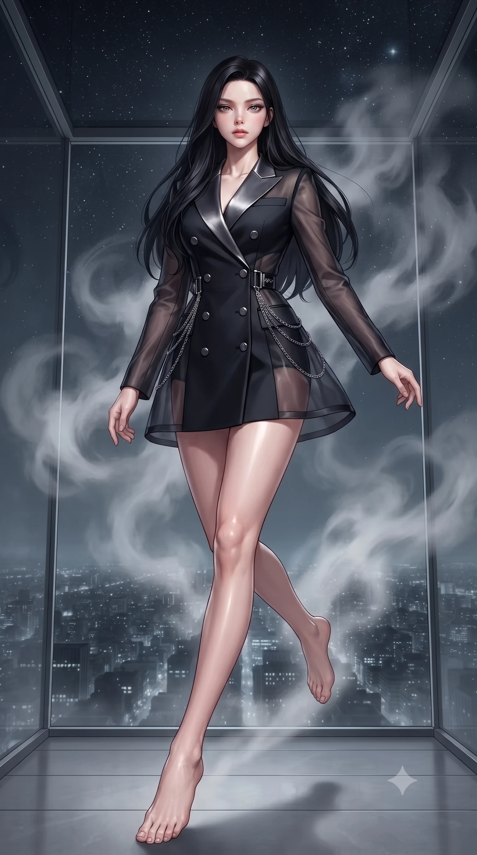 score_9, masterpiece, best quality, ultra-detailed, high-budget anime keyframe, editorial fashion photography, tasteful artistic composition, Korean woman. low angle full-body shot from head to toe showing her feet, filling the entire 9:16 vertical frame with her statuesque presence, stretching her vertical silhouette. leaping dynamically through the starry space, her posture full of power and elegance, inside a private minimalist glass sauna overlooking a misty 3 AM city skyline, soft swirling steam clouds creating painterly ethereal shadows around her form. She has an absolutely perfect, statuesque 8.5-heads proportion, an exceptionally tall and slender model-like female figure with impossibly long slender legs and an ultra-slim waist. sharp v-shaped jawline, high-bridge nose, intricate jewel-like eyes with depth, thick eyelashes, glossy lips with a natural sheen. wearing tailored double-breasted obsidian blazer dress with silk lapels in metallic dark silver, made of sheer dark organza overlay, framed by dark titanium buckles and silver chain details, the fitted fabric emphasizing her ultra-slim waist. surrounded by a moody, intimate glow with sharp specular skin highlights. ultra-reflective glossy finish, specular highlights, metallic sheen, high-contrast stereoscopic depth, volumetric dynamic lighting, 2k, ultra detail, master piece, 9:16 ratio