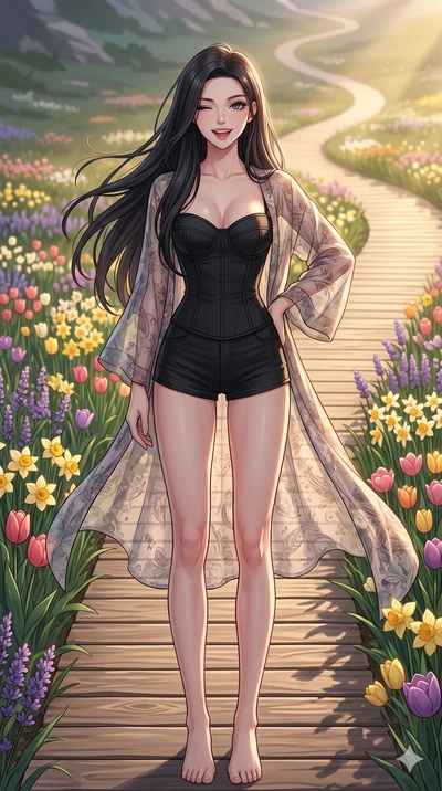 score_9, masterpiece, best quality, ultra-detailed, high-budget anime keyframe, vibrant anime aesthetic, Korean woman. cowboy shot from the thighs up, character and outfit filling the frame for maximum presence. She is standing tall with a lively gri