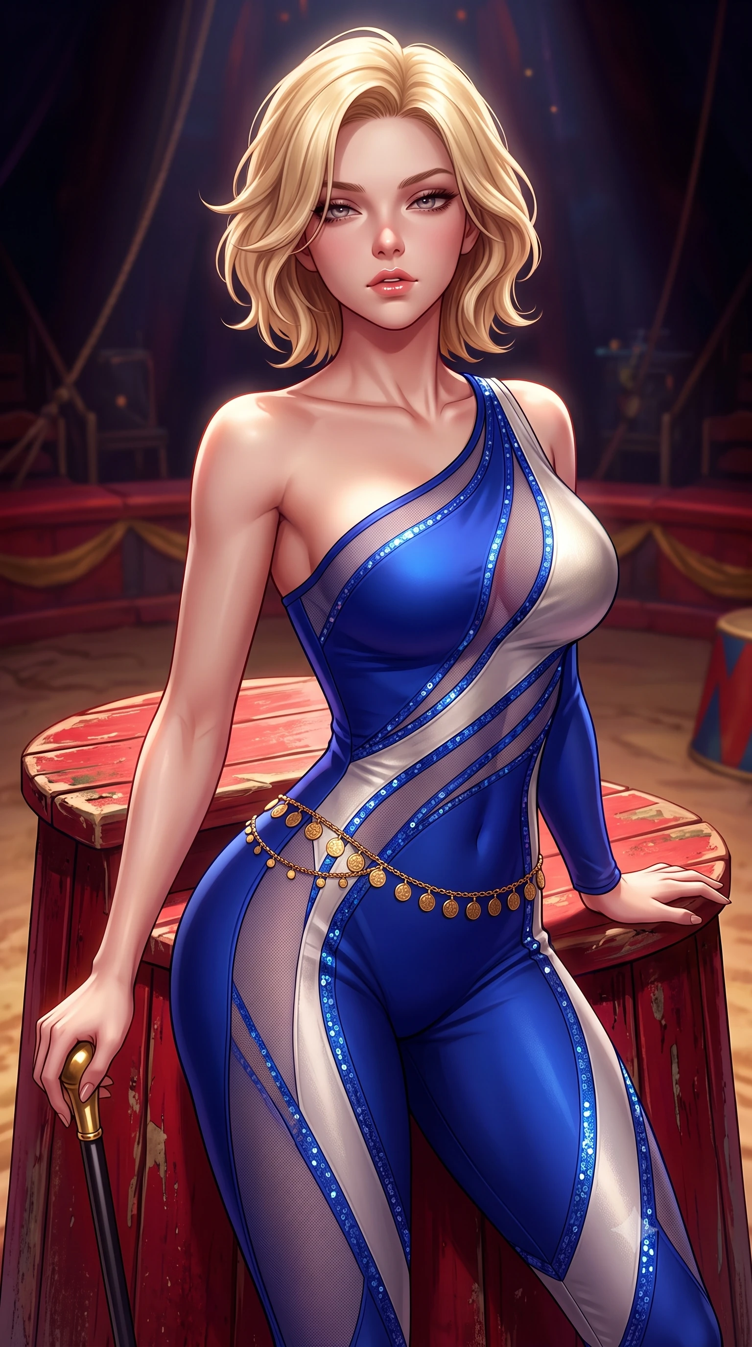 score_9, masterpiece, best quality, ultra-detailed, high-budget anime keyframe, semi-realistic 3D game render, editorial fashion photography, tasteful artistic composition, Caucasian woman. close-up cowboy shot from the waist and thighs up, the character dominates the composition, filling the frame with her large presence. leaning back with relaxed seductive grace, her sculpted collarbones and narrow waist highlighted as she casts smoldering bedroom-eyes directly into the camera while leaning against a crimson circus ringmaster podium with hips cocked back, holding a gold-tipped cane while locking smoldering eyes with the lens. The surrounding environment is rendered in vivid detail and crisp panoramic clarity. intense theatrical chiaroscuro and decadent dark carnival aesthetics rendered with precision. She has an exceptionally elegant, slender, and willowy female figure with an ultra-slim waist, a gracefully sculpted slender torso, toned flat midriff, and rounded feminine hips creating an alluring hourglass silhouette. sharp v-shaped jawline, high-bridge nose, intricate jewel-like eyes with depth, thick eyelashes, glossy parted lips with a natural sheen, intensely captivating and seductive bedroom-eyes expression, flawlessly proportioned anatomical accuracy, strict slender model proportions, natural body alignment, perfectly sculpted long slender limbs, ultra-slim waistline, clean dynamic posture without body distortion. wearing an asymmetric one-shoulder carnival catsuit with sheer contouring mesh panels and sequin striping in royal sapphire blue and brushed platinum, made of stretchy athletic knit with sheer mesh cutout inserts, accented with a delicate gold coin waist chain framing her feminine hip curve, the second-skin form-contouring cut accentuating her sculpted flat midriff, narrow waistline, and dramatically curvy hips without adding bulk. surrounded by an eccentric, spellbinding, and dangerously seductive circus queen aura. highly saturated vibrant anime colors, detailed shading with soft gradients, rich glossy textures, high-contrast stereoscopic depth, volumetric dynamic lighting, master piece, 9:16 ratio