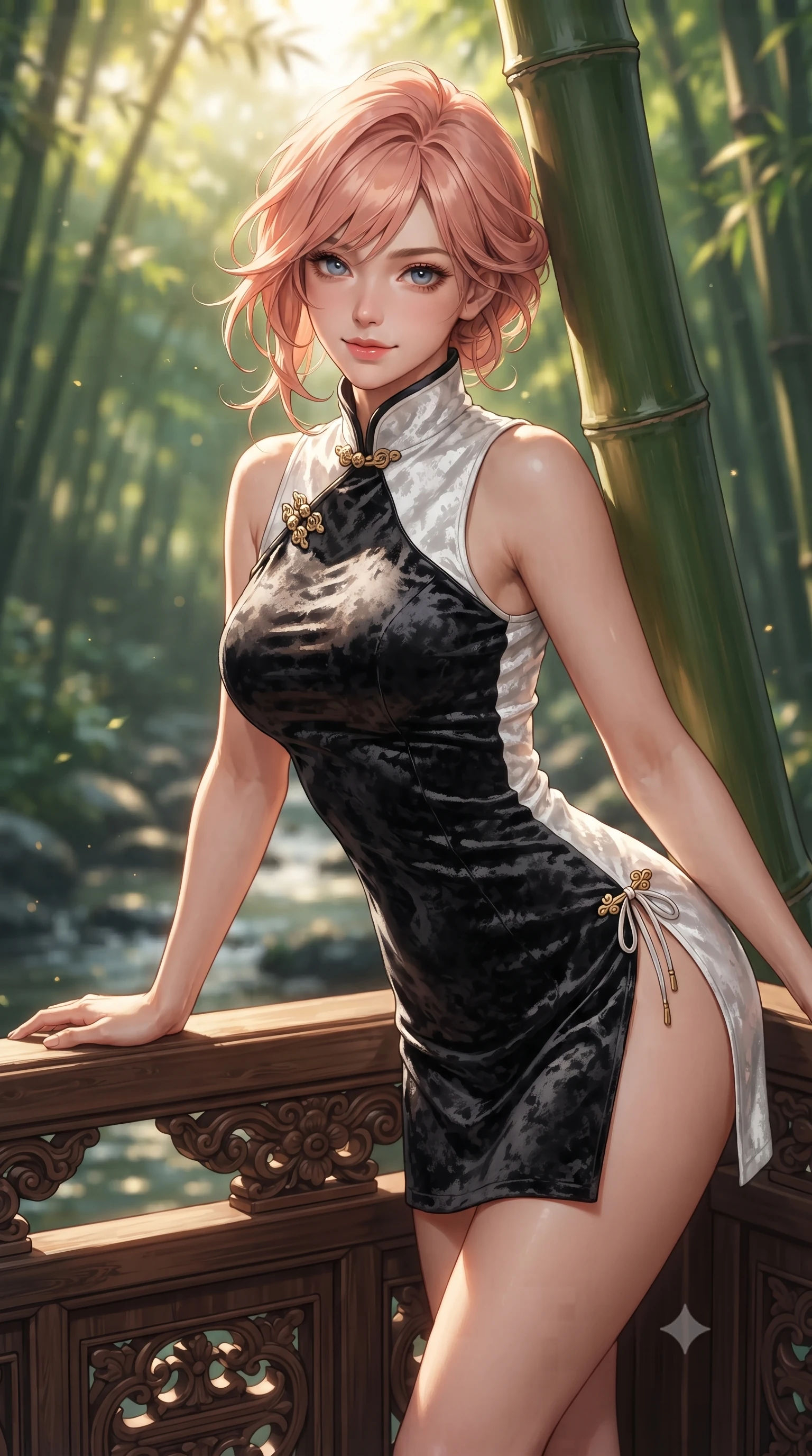 score_9, masterpiece, best quality, ultra-detailed, high-budget anime keyframe, editorial fashion photography, tasteful artistic composition, Japanese woman. close-up cowboy shot from the waist and thighs up, the character dominates the composition, filling the frame with her large presence. leaning forward over the carved veranda balustrade while arching her lower back to accentuate her curvy hips, looking into the camera with an enchanting coquettish smile and bedroom-eyes while leaning against a soaring bamboo trunk with hips cocked back, looking over a bare shoulder with an enchanting, sun-drenched bedroom-gaze. The background shows a soft-focus soaring Damyang green bamboo canopies filtering dappled sunlight and rippling stream currents blurred into emerald, mint, and liquid gold bokeh. She has an exceptionally elegant, slender, and willowy female figure with an ultra-slim waist, flat toned midriff, narrow ribcage, and sculpted feminine hips creating an alluring, slim hourglass silhouette without bulk. sharp v-shaped jawline, high-bridge nose, intricate jewel-like dark sparkling almond eyes with depth, thick lashes, glossy parted lips with a natural rose-plum sheen, bright alluring and coquettish smile with bedroom-eyes, exuding both timeless oriental elegance and sovereign high-fashion allure, flawlessly proportioned anatomical accuracy, strict slender model proportions, natural body alignment, perfectly sculpted long slender limbs, ultra-slim waistline, clean dynamic posture without body distortion. wearing a form-contouring sleeveless turtleneck mini dress in liquid silk satin with subtle side hip ties and high slits in stark monochrome black and white ink contrast, crafted from sumptuous crushed winter velvet with deep light-absorbing plushness, accented with intricate gold frog buttons and a delicate mandarin collar, the form-contouring cut accentuating her sculpted flat midriff, narrow delicate ribcage, and gracefully curvy hips with regal oriental supermodel elegance. bathed in dappled golden morning sunbeams filtering through dense green bamboo leaves. ultra-reflective glossy finish, specular highlights, rich textural contrasts, high-contrast stereoscopic depth, volumetric dynamic lighting, 2k, ultra detail, master piece, 9:16 ratio