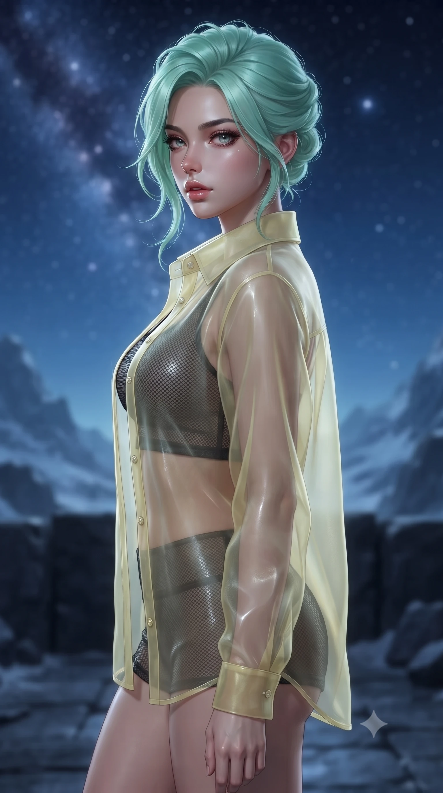 score_9, masterpiece, best quality, ultra-detailed, high-budget anime keyframe, editorial fashion photography, tasteful artistic composition, Japanese woman. close-up cowboy shot from the waist and thighs up, the character dominates the composition, filling the frame with her large presence, background elements kept in soft focus. turning her face in profile to look over her shoulder, casting a smoldering side gaze with lips slightly parted, the background shows a soft-focus an ice peak deck built of dark basalt stone under a clear starry sky. She has an exceptionally elegant, slender, and willowy female figure with an ultra-slim waist, a gracefully sculpted slender torso, and a refined silhouette. sharp v-shaped jawline, high-bridge nose, intricate jewel-like eyes with depth, thick eyelashes, glossy lips with a natural sheen. wearing a body-hugging sheer organza combat shirt in pale yellow, worn open over a carbon-mesh crop top and micro-shorts. cool silver starlight wrapping her statuesque posture in a solemn mood. ultra-reflective glossy finish, specular highlights, metallic sheen, high-contrast stereoscopic depth, volumetric dynamic lighting, 2k, ultra detail, master piece, 9:16 ratio