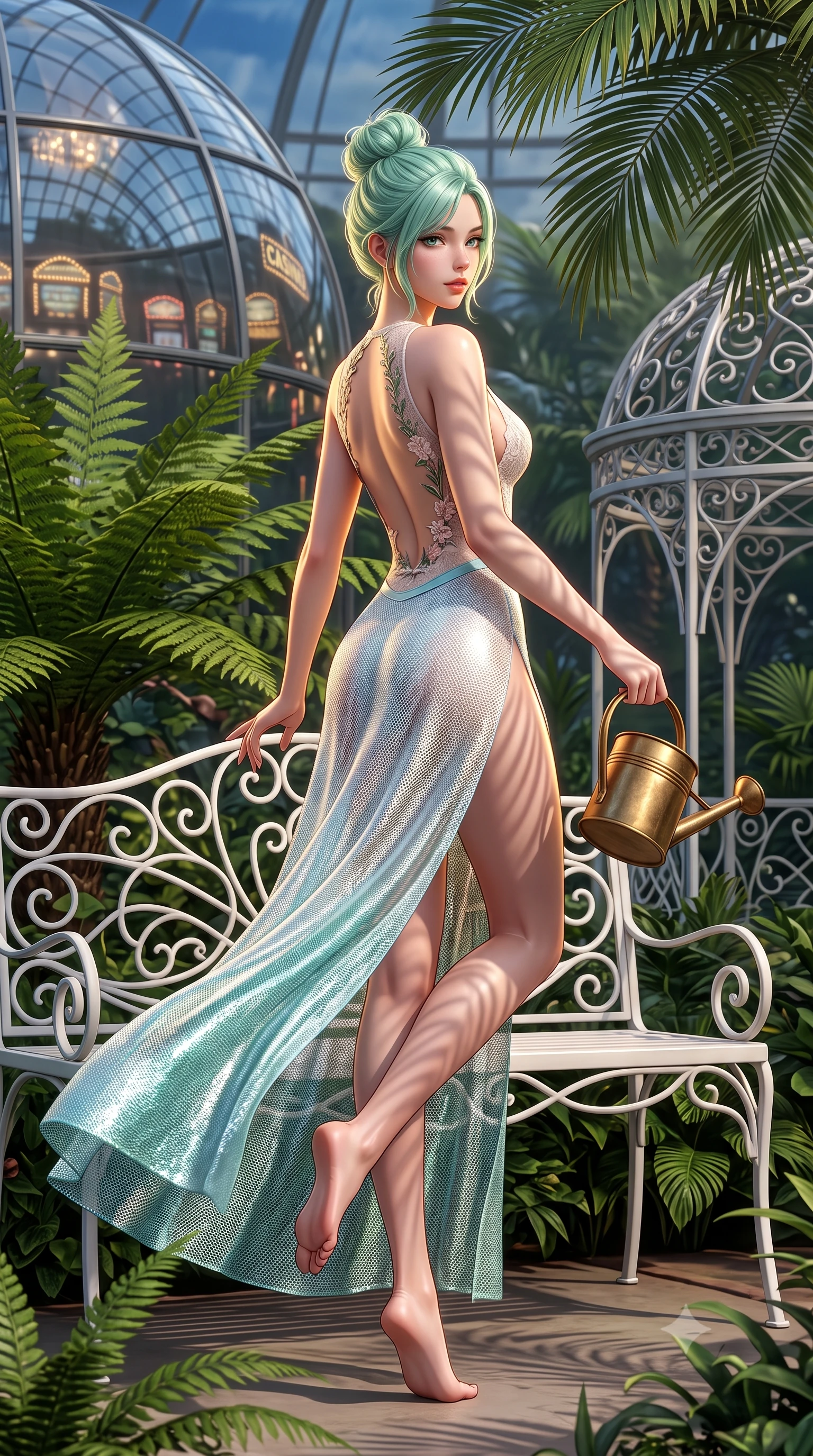 score_9, masterpiece, best quality, ultra-detailed, high-budget anime keyframe, semi-realistic 3D game render, editorial fashion photography, tasteful artistic composition, Japanese woman. low angle full-body shot from head to toe showing her feet, filling the entire 9:16 vertical frame with her statuesque presence, stretching her vertical silhouette. executing a slow, graceful pivot turn as her skirt sways around her slender legs, glancing back with an enchanting, teasing sensual expression while lounging gracefully on a white wrought-iron garden bench with legs extended, displaying her long slender limbs with effortless poise. The surrounding environment is rendered in vivid detail and crisp panoramic clarity: sharp wrought-iron filigree scrollwork, giant fern leaf spore textures, and curved glass pane reflection clarity in deep focus. She has an absolutely perfect, statuesque 8.5-heads proportion, an exceptionally tall and slender model-like female figure with impossibly long slender legs, an ultra-slim waist, a flat toned midriff, narrow delicate ribcage, and beautifully sculpted feminine hips creating a graceful, slim hourglass silhouette without any bulky heaviness. sharp v-shaped jawline, high-bridge nose, sparkling eyes with hypnotic seductive depth, thick curled eyelashes, glossy parted lips with a natural dewy peach sheen, alluring bedroom-eyes with an enchanting coquettish smile, exuding magnetic siren charisma and sophisticated glamour, flawlessly proportioned anatomical accuracy, strict slender model proportions, natural body alignment, perfectly sculpted long slender limbs, ultra-slim waistline, clean dynamic posture without body distortion. wearing a backless stretch lace botanical leotard with high-cut leg openings and delicate floral embroidery framing her spine in celestial water-lily white and shimmering aquamarine, crafted from shimmering fluid chainmail mesh reflecting ambient casino lights, finished with an antique brass watering can held casually at her side, the form-contouring silhouette accentuating her sculpted flat midriff, narrow delicate ribcage, and gracefully curvy hips with intoxicating allure. illuminated by palm frond dappled shadows and sharp warm-gold rim lights sculpting her razor-sharp jawline, narrow waist, and curvy hips. highly saturated vibrant anime colors, detailed shading with soft gradients, rich glossy textures, high-contrast stereoscopic depth, volumetric dynamic lighting, master piece, 9:16 ratio