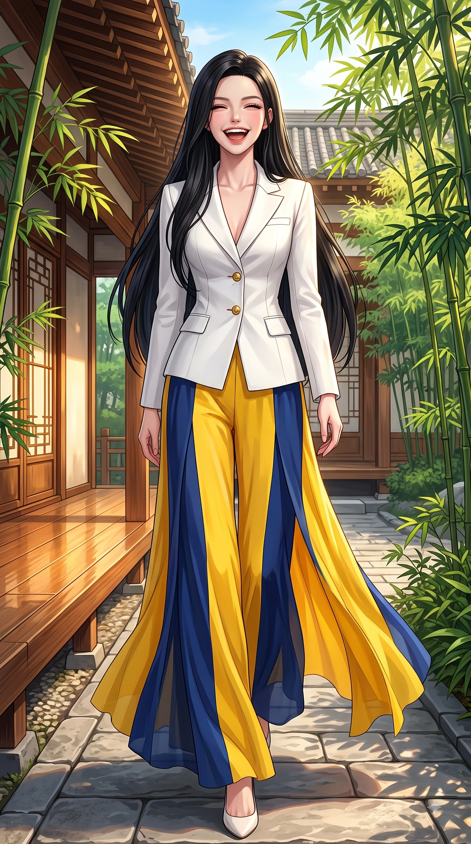 score_9, masterpiece, best quality, ultra-detailed, high-budget anime keyframe, editorial fashion photography, tasteful artistic composition, Korean woman. low angle full-body shot from head to toe showing her feet, filling the entire 9:16 vertical frame with her statuesque presence, stretching her vertical silhouette. Ecstatic joyful laughter with eyes crinkling in pure delight and vibrant energy filling her dynamic posture while walking along a stone courtyard path as green bamboo leaves rustle gently around her. The surrounding environment is rendered in vivid detail and crisp panoramic clarity. rich oriental architectural details and vibrant bamboo green textures in panoramic sharpness. She has an absolutely perfect, statuesque 8.5-heads proportion, an exceptionally tall and slender model-like female figure with impossibly long slender legs and an ultra-slim waist. sharp v-shaped jawline, high-bridge nose, intricate jewel-like eyes with depth, thick eyelashes, glossy lips with a natural sheen, flawlessly proportioned anatomical accuracy, natural body alignment, perfectly sculpted elegant limbs, clean dynamic posture without body distortion. wearing a crisp monochrome white tailored suit jacket paired with wide-leg trousers in sunflower yellow and royal navy blue, woven from fine lightweight chiffon fluttering gracefully, finished with gold metallic hardware buttons along the front, the fluid drape swaying gracefully with her dynamic editorial movement. illuminated by warm golden sunlight reflecting off polished wooden verandas. highly saturated vibrant anime colors, detailed shading with soft gradients, rich glossy textures, high-contrast stereoscopic depth, volumetric dynamic lighting, master piece, 9:16 ratio