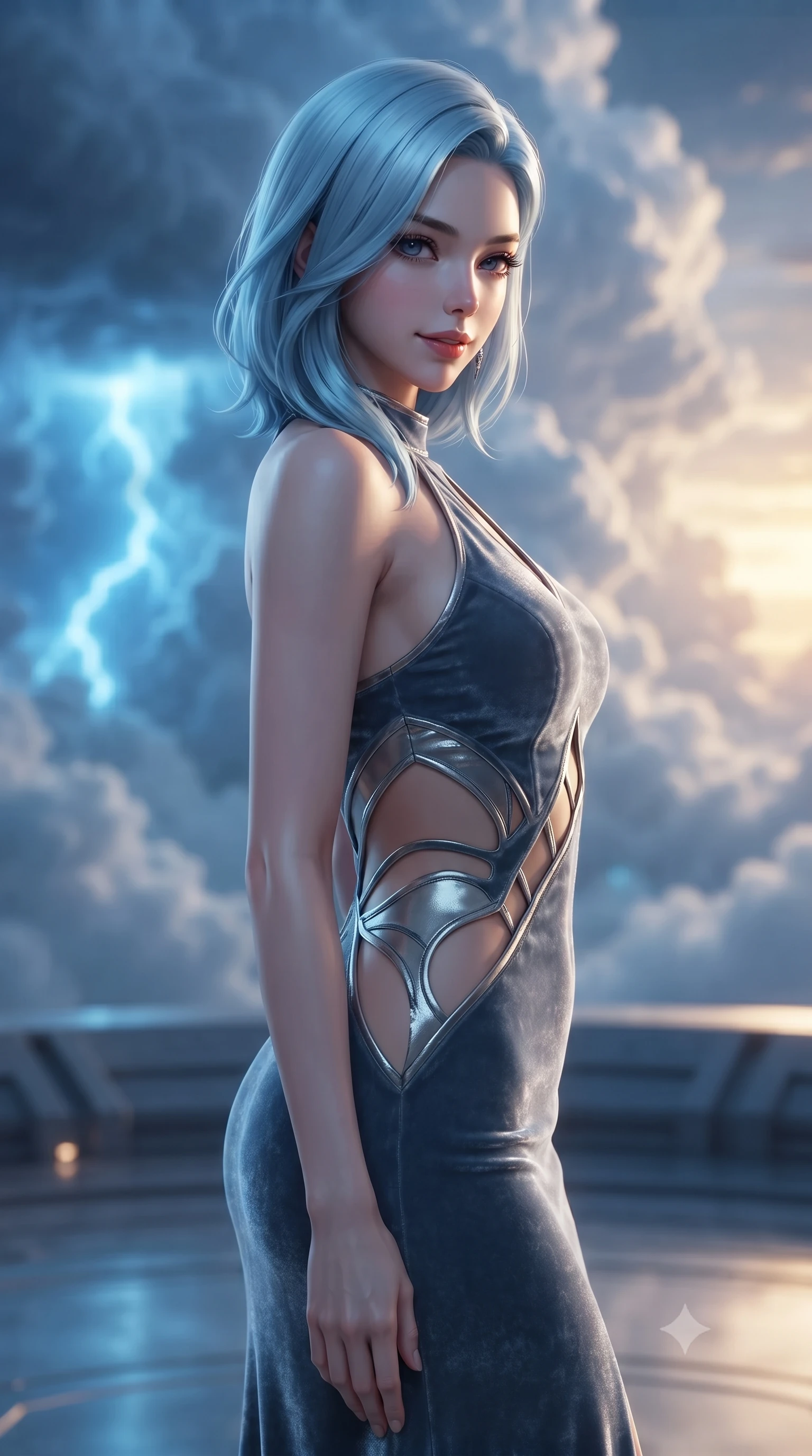 score_9, masterpiece, best quality, ultra-detailed, high-budget anime keyframe, editorial fashion photography, tasteful artistic composition, Korean woman. close-up cowboy shot from the waist and thighs up, the character dominates the composition, filling the frame with her large presence, background elements kept in soft focus. Glancing sidelong over her shoulder with a smoldering half-smile and heavy lashes poised on a sky platform as gentle internal lightning flashes illuminate cloud walls, dramatic contrast of warm golden sunset outside and cool electric blue inside. She has an exceptionally elegant, slender, and willowy female figure with an ultra-slim waist, a gracefully sculpted slender torso, and a refined silhouette. sharp v-shaped jawline, high-bridge nose, intricate jewel-like eyes with depth, thick eyelashes, glossy lips with a natural sheen. wearing a velvet halter-neck midi dress following her form like a glove in slate blue and metallic silver, woven from fine semi-opaque sheer organza, featuring clean architectural cutouts along her slender torso, the sleek second-skin texture accentuating her magnetic presence. bathed in a dual-tone palette of electric blue and warm amber sky rays. ultra-reflective glossy finish, specular highlights, metallic sheen, high-contrast stereoscopic depth, volumetric dynamic lighting, 2k, ultra detail, master piece, 9:16 ratio