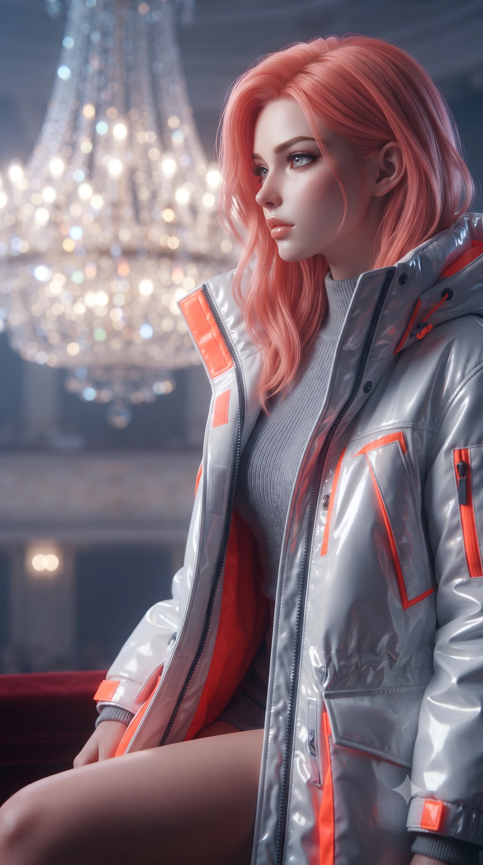 score_9, masterpiece, best quality, ultra-detailed, high-budget anime keyframe, editorial fashion photography, tasteful artistic composition, Japanese woman. close-up cowboy shot from the waist and thighs up, the character dominates the composition, filling the frame with her large presence, background elements kept in soft focus. turning her face in sharp profile, casting a cold, mysterious, yet intensely alluring side gaze, the background shows a soft-focus an opera box balcony facing a massive crystal chandelier in soft focus. She has an exceptionally elegant, slender, and willowy female figure with an ultra-slim waist, a gracefully sculpted slender torso, and a refined silhouette. sharp v-shaped jawline, high-bridge nose, intricate jewel-like eyes with depth, thick eyelashes, glossy lips with a natural sheen. wearing a form-contouring heavy polar-station parka in white and neon orange tech-fabric, over a grey utility sweater. dazzling light reflections from the crystal beads, wrapping her in a warm glow. ultra-reflective glossy finish, specular highlights, metallic sheen, high-contrast stereoscopic depth, volumetric dynamic lighting, 2k, ultra detail, master piece, 9:16 ratio