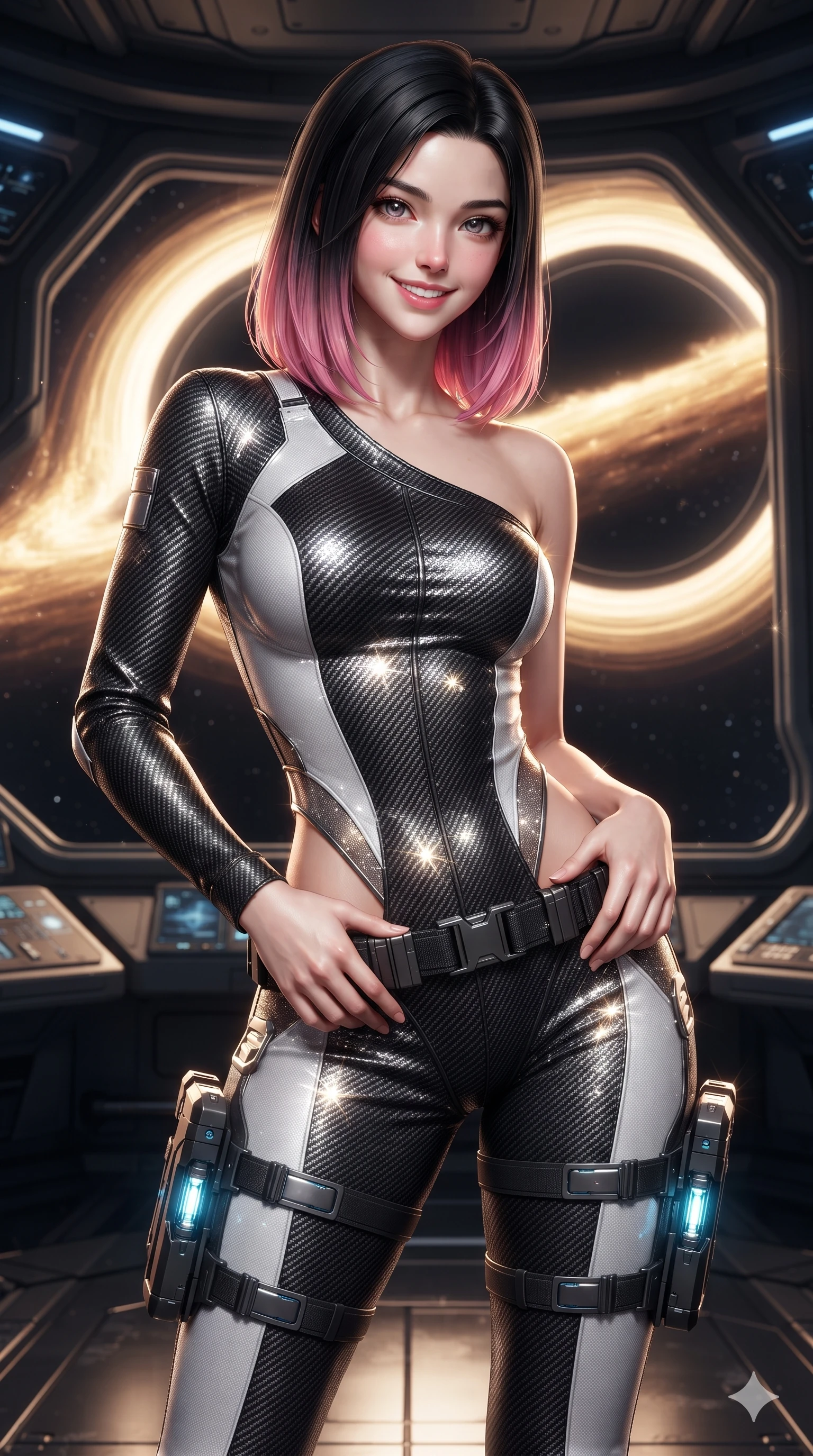 score_9, masterpiece, best quality, ultra-detailed, high-budget anime keyframe, editorial fashion photography, tasteful artistic composition, Korean woman. close-up cowboy shot from the waist and thighs up, the character dominates the composition, filling the frame with her large presence. resting both hands lightly on her tactical utility belt, arching her spine to highlight her narrow waist, flat midriff, and breathtaking collarbones while twisting her slender torso in an alluring contrapposto stance, blazing golden accretion light and deep space void reflections tracing her silhouette with cosmic intensity. The surrounding environment is rendered in vivid detail and crisp panoramic clarity: detailed combat suit weave, blinding accretion light reflections on armor, and deep-space observatory architecture in high clarity. She has an exceptionally elegant, slender, and willowy female figure with an ultra-slim waist, flat toned midriff, narrow ribcage, and sculpted feminine hips creating an alluring, slim hourglass silhouette without bulk. sharp v-shaped jawline, high-bridge nose, intricate jewel-like sparkling eyes with depth, thick eyelashes, glossy parted lips with a natural sheen, bright confident smile with an enchanting and coquettish sensual glint, exuding both youthful magnetic charm and sovereign high-tech allure, flawlessly proportioned anatomical accuracy, strict slender model proportions, natural body alignment, perfectly sculpted long slender limbs, ultra-slim waistline, clean dynamic posture without body distortion. wearing an asymmetric one-shoulder combat catsuit with carbon-weave paneling and an open-waist architecture emphasizing her hips in dual-tone high-contrast monochrome black and stark white, woven from stretch metallic lurex jersey casting radiant starlight glints across her curves, complemented by sleek cybernetic thigh holsters with illuminated power cells, the impeccably tailored cut draping gracefully along her slender figure with aristocratic poise. illuminated by viewport reflection bounce and sharp gold-crimson rim lights sculpting her razor-sharp jawline, narrow waist, and curvy hips. ultra-reflective glossy finish, specular highlights, rich textural contrasts, high-contrast stereoscopic depth, volumetric dynamic lighting, 2k, ultra detail, master piece, 9:16 ratio