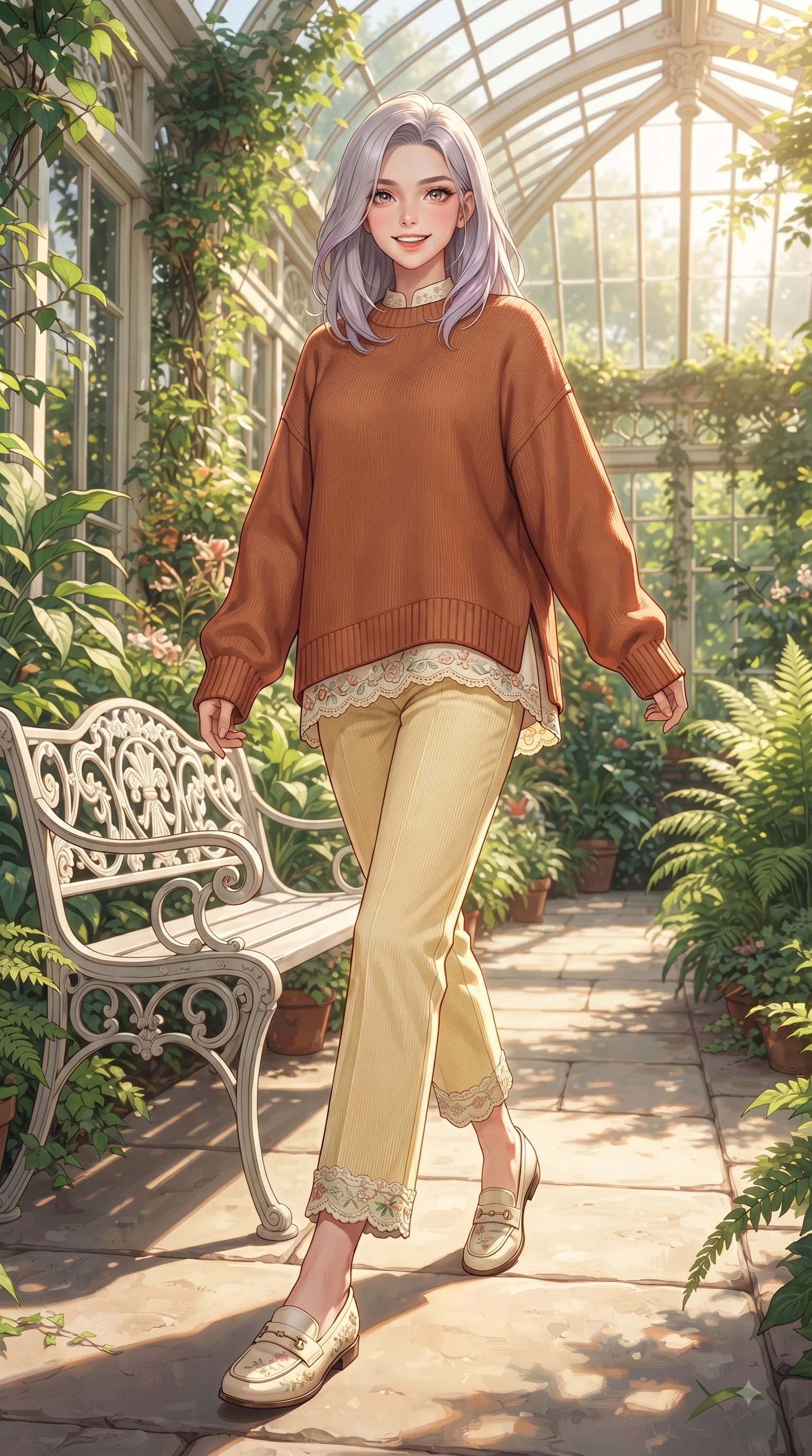 score_9, masterpiece, best quality, ultra-detailed, high-budget anime keyframe, editorial fashion photography, tasteful artistic composition, Caucasian woman. low angle full-body shot from head to toe showing her feet, filling the entire 9:16 vertical frame with her statuesque presence, stretching her vertical silhouette. walking forward in a proud dynamic stride with a cheerful beaming smile, her vertical silhouette filling the frame while sitting on a classic white iron bench in a sun-drenched glasshouse surrounded by emerald greenery. The surrounding environment is rendered in vivid detail and crisp panoramic clarity. rich emerald plant textures and sunlit conservatory walkways showcased with environmental sharpness. She has an absolutely perfect, statuesque 8.5-heads proportion, an exceptionally tall and slender model-like female figure with impossibly long slender legs and an ultra-slim waist. sharp v-shaped jawline, high-bridge nose, intricate jewel-like eyes with depth, thick eyelashes, glossy lips with a natural sheen, flawlessly proportioned anatomical accuracy, natural body alignment, perfectly sculpted elegant limbs, clean dynamic posture without body distortion. wearing an oversized terracotta knit jumper over soft cream corduroy pants in bright butter yellow and fresh cream white, tailored from crisp cotton poplin, complemented by delicate embroidered floral trim along the hem, the relaxed yet flattering fit accentuating her naturally graceful and slender figure. surrounded by a peaceful, sun-drenched, and healing greenhouse atmosphere. ultra-reflective glossy finish, specular highlights, metallic sheen, high-contrast stereoscopic depth, volumetric dynamic lighting, 2k, ultra detail, master piece, 9:16 ratio