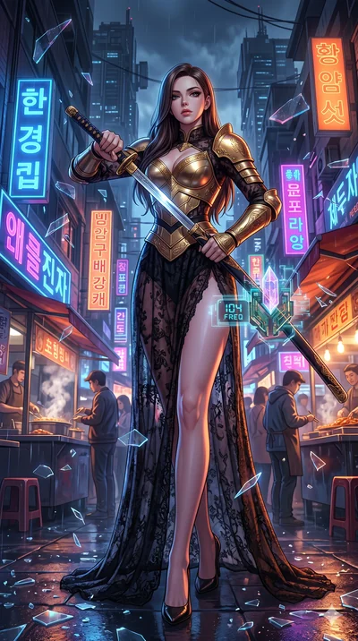 score_9, masterpiece, best quality, ultra-detailed, Set A: High-budget Anime Keyframe, Caucasian (strictly human ears) woman. Low angle cowboy shot filling the entire 9:16 frame with her statuesque presence. Drawing a blade through a neon-lit Neo-Seo
