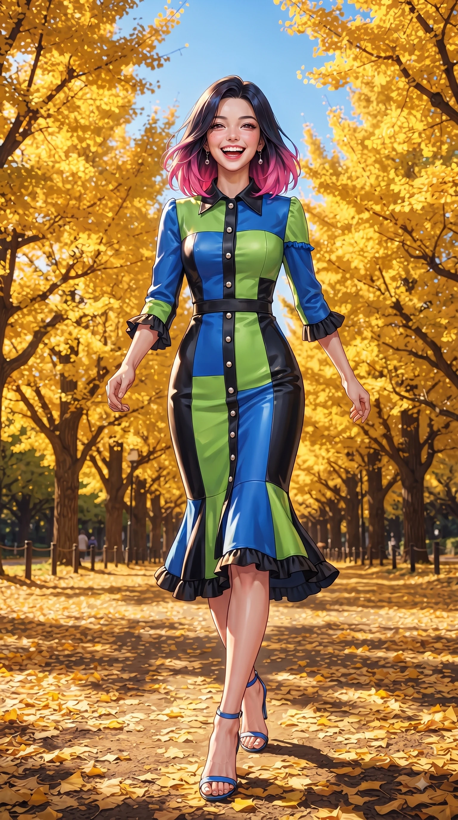 score_9, masterpiece, best quality, ultra-detailed, high-budget anime keyframe, editorial fashion photography, tasteful artistic composition, Korean woman. close-up cowboy shot from the waist and thighs up, the character dominates the composition, filling the frame with her large presence. Beaming joyful energy with a infectious laughter that brightens the entire composition while walking dynamically down a sunlit park avenue lined with golden yellow ginkgo trees. The surrounding environment is rendered in vivid detail and crisp panoramic clarity. endless golden ginkgo tree arcades, detailed leaf carpets, and crisp blue sky in panoramic focus. She has an exceptionally elegant, slender, and willowy female figure with an ultra-slim waist, a gracefully sculpted slender torso, and a refined silhouette. sharp v-shaped jawline, high-bridge nose, intricate jewel-like eyes with depth, thick eyelashes, glossy lips with a natural sheen, flawlessly proportioned anatomical accuracy, natural body alignment, perfectly sculpted elegant limbs, clean dynamic posture without body distortion. wearing a vivid sapphire blue satin midi dress following her statuesque figure in bright lime green and sleek jet black, tailored from structured wool crepe with clean lines, accented with delicate pearl buttons and refined ruffle trims, the form-contouring material accentuating her ultra-slim waist and long lines. bathed in brilliant golden autumn sunlight and warm tree canopy backlighting. ultra-reflective glossy finish, specular highlights, metallic sheen, high-contrast stereoscopic depth, volumetric dynamic lighting, 2k, ultra detail, master piece, 9:16 ratio