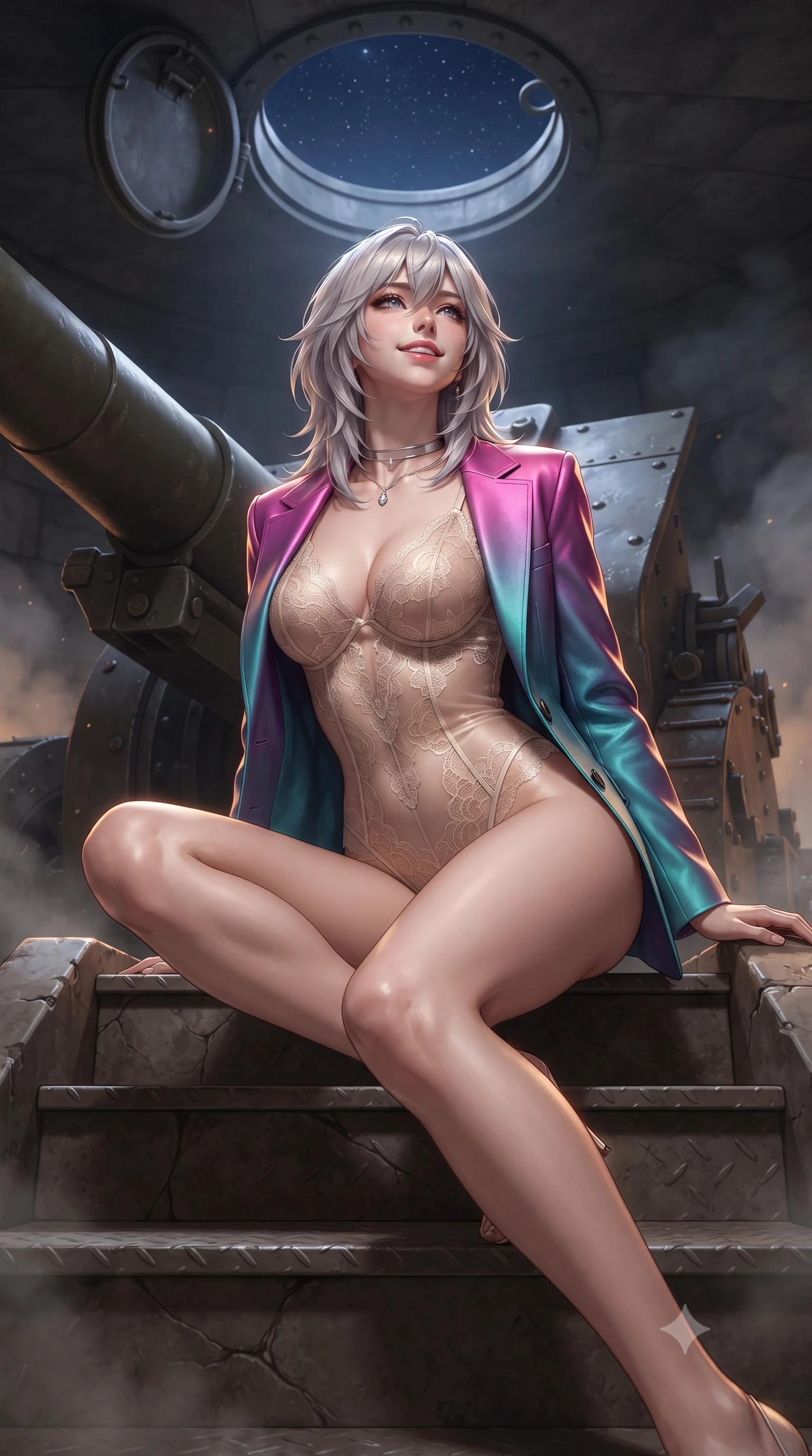 score_9, masterpiece, best quality, ultra-detailed, high-budget anime keyframe, editorial fashion photography, tasteful artistic composition, Japanese woman. low angle full-body shot from head to toe showing her feet, filling the entire 9:16 vertical frame with her statuesque presence, stretching her vertical silhouette. sitting poised on the stone steps with one knee bent, arching her spine with supermodel elegance as she glances upward through thick eyelashes while leaning against the armored cannon breech with hips cocked back, gazing up the vertical shaft toward the distant starry night hatch with heavy-lidded bedroom-eyes. The background shows a soft-focus faint cordite propellant smoke softened in underground artillery test silo shallow focus. She has an exceptionally tall and slender model-like 8.5-heads proportion, an ultra-slim waist, a flat toned midriff, narrow delicate ribcage, and beautifully sculpted feminine hips creating a graceful, slim hourglass silhouette without any bulky heaviness, with impossibly long slender legs. sharp v-shaped jawline, high-bridge nose, intricate jewel-like sparkling eyes with depth, thick eyelashes, glossy parted lips with a natural peach sheen, bright cheerful beaming smile with an enchanting and coquettish sensual glint, exuding both youthful cute charm and seductive allure, flawlessly proportioned anatomical accuracy, strict slender model proportions, natural body alignment, perfectly sculpted long slender limbs, ultra-slim waistline, clean dynamic posture without body distortion. wearing a delicate sheer French Chantilly lace teddy layered under an open tailored tactical combat blazer draped over bare shoulders in Kowloon neon magenta and electric teal, woven from buttery-soft stretch lambskin leather adhering to her body like a second skin, finished with a minimalist chrome choker and a single teardrop diamond pendant, the form-contouring silhouette accentuating her sculpted flat midriff, narrow delicate ribcage, and gracefully curvy hips with intoxicating allure. illuminated by diamond-plate steel reflection bounce and sharp gold-amber rim lights defining her razor-sharp jawline, narrow waist, and curvy hips. ultra-reflective glossy finish, specular highlights, rich textural contrasts, high-contrast stereoscopic depth, volumetric dynamic lighting, 2k, ultra detail, master piece, 9:16 ratio