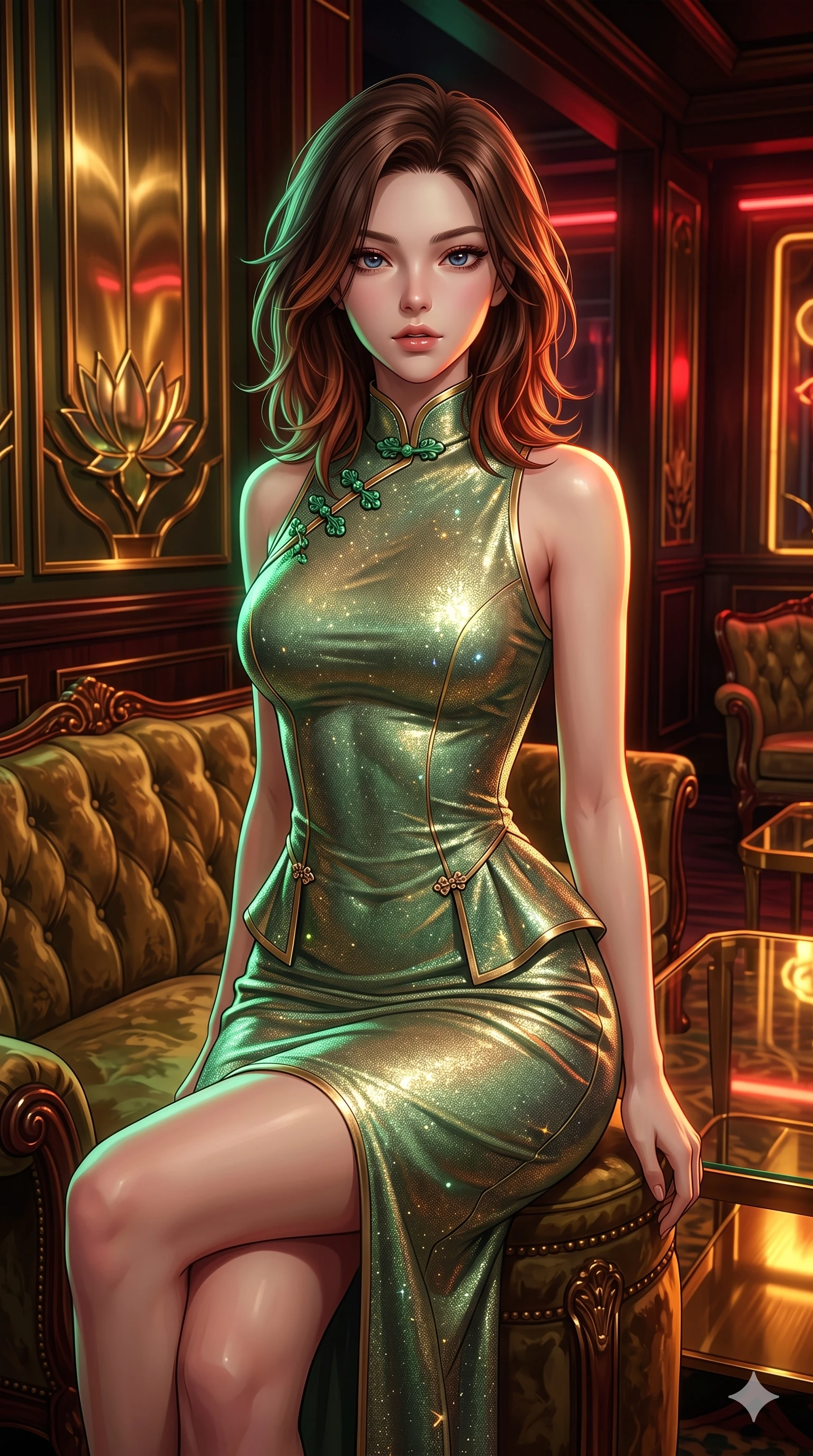 score_9, masterpiece, best quality, ultra-detailed, high-budget anime keyframe, semi-realistic 3D game render, editorial fashion photography, tasteful artistic composition, Korean woman. close-up cowboy shot from the waist and thighs up, the character dominates the composition, filling the frame with her large presence. perched sideways on the vintage settee, one knee drawn up to showcase her slender leg line while her arched back accentuates her feminine hip curve while twisting her slender torso in an alluring S-curve, polished brass lotus reflections and ambient red neon tracing her flat midriff and hourglass curves. The surrounding environment is rendered in vivid detail and crisp panoramic clarity: detailed peplum corset dress tailoring, jeweled clasp closures, and luxury VIP club interior in razor-sharp clarity. She has an exceptionally elegant, slender, and willowy female figure with an ultra-slim waist, flat toned midriff, narrow ribcage, and sculpted feminine hips creating an alluring, slim hourglass silhouette without bulk. sharp v-shaped jawline, high-bridge nose, intricate jewel-like sparkling eyes with depth, thick eyelashes, glossy parted lips with a natural sheen, intensely captivating and seductive bedroom-eyes expression, exuding both youthful cute charm and sovereign luxury allure, flawlessly proportioned anatomical accuracy, strict slender model proportions, natural body alignment, perfectly sculpted long slender limbs, ultra-slim waistline, clean dynamic posture without body distortion. wearing a body-contouring metallic lurex knit column dress casting radiant starlight shimmer across her flat midriff in celadon jade and antique gold-leaf, crafted from luxurious metallic lamé that shifts radiance with every step, finished with sleek jade frog closures glinting along her high collar, the impeccably tailored cut draping gracefully along her slender figure with aristocratic poise. illuminated by polished table bounce and sharp emerald-amber rim lights defining her razor-sharp jawline, narrow waist, and curvy hips. highly saturated vibrant anime colors, detailed shading with soft gradients, rich glossy textures, high-contrast stereoscopic depth, volumetric dynamic lighting, master piece, 9:16 ratio