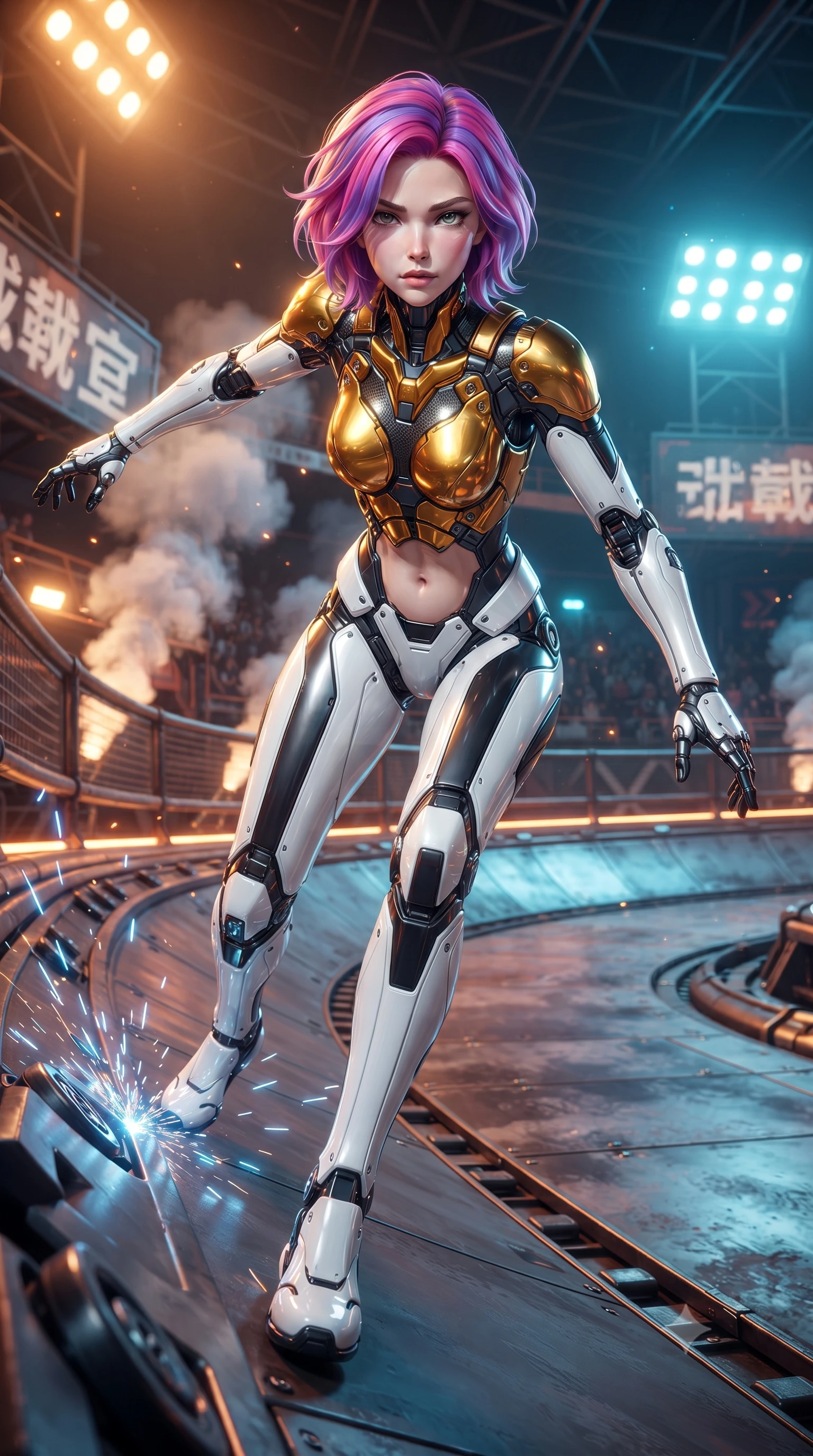 score_9, masterpiece, best quality, ultra-detailed, high-budget anime keyframe, editorial fashion photography, tasteful artistic composition, Caucasian woman. low angle full-body shot from head to toe showing her feet, filling the entire 9:16 vertical frame with her statuesque presence, stretching her vertical silhouette. striding forward with sovereign warrior elegance in a low, predatory combat advance, hips swaying with fierce athletic poise from head to toe while drifting at extreme velocity along the banked metal curve of a Scrapyard Motorball arena, touching one hand to the track as blue sparks fly. The surrounding environment is rendered in vivid detail and crisp panoramic clarity. detailed magnetic skate rollers, industrial exhaust steam plumes, and arena billboard kanji in high clarity. She has an absolutely perfect, statuesque 8.5-heads proportion, an exceptionally tall and slender model-like female figure with impossibly long slender legs, a toned flat midriff, and an ultra-slim waist. sharp v-shaped jawline, high-bridge nose, intricate jewel-like eyes with depth, thick eyelashes, glossy lips with a natural sheen, flawlessly proportioned anatomical accuracy, strict slender model proportions, natural body alignment, perfectly sculpted long slender limbs, ultra-slim waistline, clean dynamic posture without body distortion. wearing a sculpted molten-gold and dark carbon cuirass paired with high-mobility combat leggings and kinetic energy channels in monochrome white enamel carbon with high-contrast black panels, formed from high-gloss patent carbon-plating with specular chiaroscuro reflections, detailed with magnetic knuckle shock-absorbers and polished chrome articulation joints, the form-contouring material adhering flawlessly to her sculpted flat midriff and slender torso, emphasizing her long leg lines and perfectly proportioned willowy build. bathed in vivid high-contrast amber and cyan arena floodlights with electric friction spark glints. ultra-reflective glossy finish, specular highlights, dark metallic sheen, high-contrast stereoscopic depth, volumetric dynamic lighting, 2k, ultra detail, master piece, 9:16 ratio