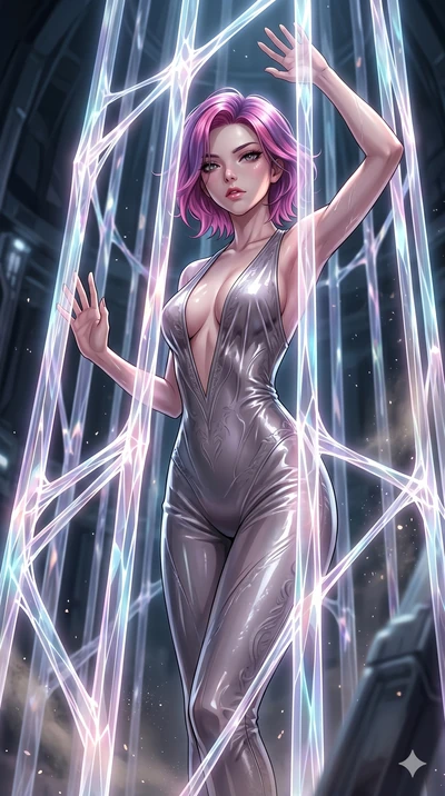 score_9, masterpiece, best quality, ultra-detailed, High-budget Anime Keyframe, East Asian woman. Dynamic full-body shot stretching the vertical silhouette to the limit. Scenario 32: Trapped in a cage of glowing crystalline fibers, body pressing agai