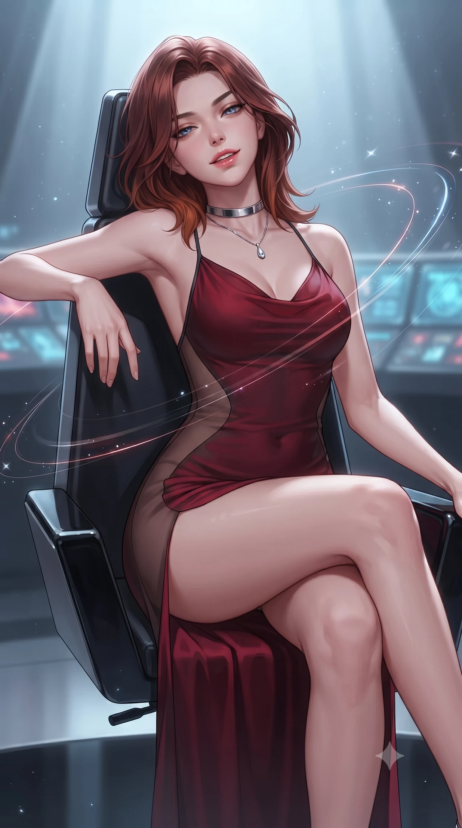 score_9, masterpiece, best quality, ultra-detailed, high-budget anime keyframe, editorial fashion photography, tasteful artistic composition, Korean woman. close-up cowboy shot from the waist and thighs up, the character dominates the composition, filling the frame with her large presence. leaning back against the balustrade with relaxed seductive grace, head tilted back slightly while casting a hypnotic, heavy-lidded gaze while sitting gracefully on the high-backed admiral chair with legs crossed, flashing an enchanting smile with parted glossy lips as galactic vectors rotate around her. The background shows a soft-focus cool atmospheric particulate glow softened in supreme command war-room shallow focus. She has an exceptionally elegant, slender, and willowy female figure with an ultra-slim waist, flat toned midriff, narrow ribcage, and sculpted feminine hips creating an alluring, slim hourglass silhouette without bulk. sharp v-shaped jawline, high-bridge nose, intricate jewel-like sparkling eyes with depth, thick eyelashes, glossy parted lips with a natural peach sheen, bright cheerful beaming smile with an enchanting and coquettish sensual glint, exuding both youthful cute charm and seductive allure, flawlessly proportioned anatomical accuracy, strict slender model proportions, natural body alignment, perfectly sculpted long slender limbs, ultra-slim waistline, clean dynamic posture without body distortion. wearing a form-contouring gossamer silk chiffon combat slip dress with a hip-high slit and open cowl back clinging with dewy moisture in deep crimson hazard red and matte dark titanium, featuring strategic sheer-illusion tulle side panels framing her ribcage and hips, finished with a minimalist chrome choker and a single teardrop diamond pendant, the glove-like clinging cut tightly following the natural contour of her hips and long slender legs with youthful 8.5-heads elegance. illuminated by polished obsidian dais bounce and sharp starlight-cyan rim lights defining her razor-sharp jawline, narrow waist, and curvy hips. ultra-reflective glossy finish, specular highlights, rich textural contrasts, high-contrast stereoscopic depth, volumetric dynamic lighting, 2k, ultra detail, master piece, 9:16 ratio
