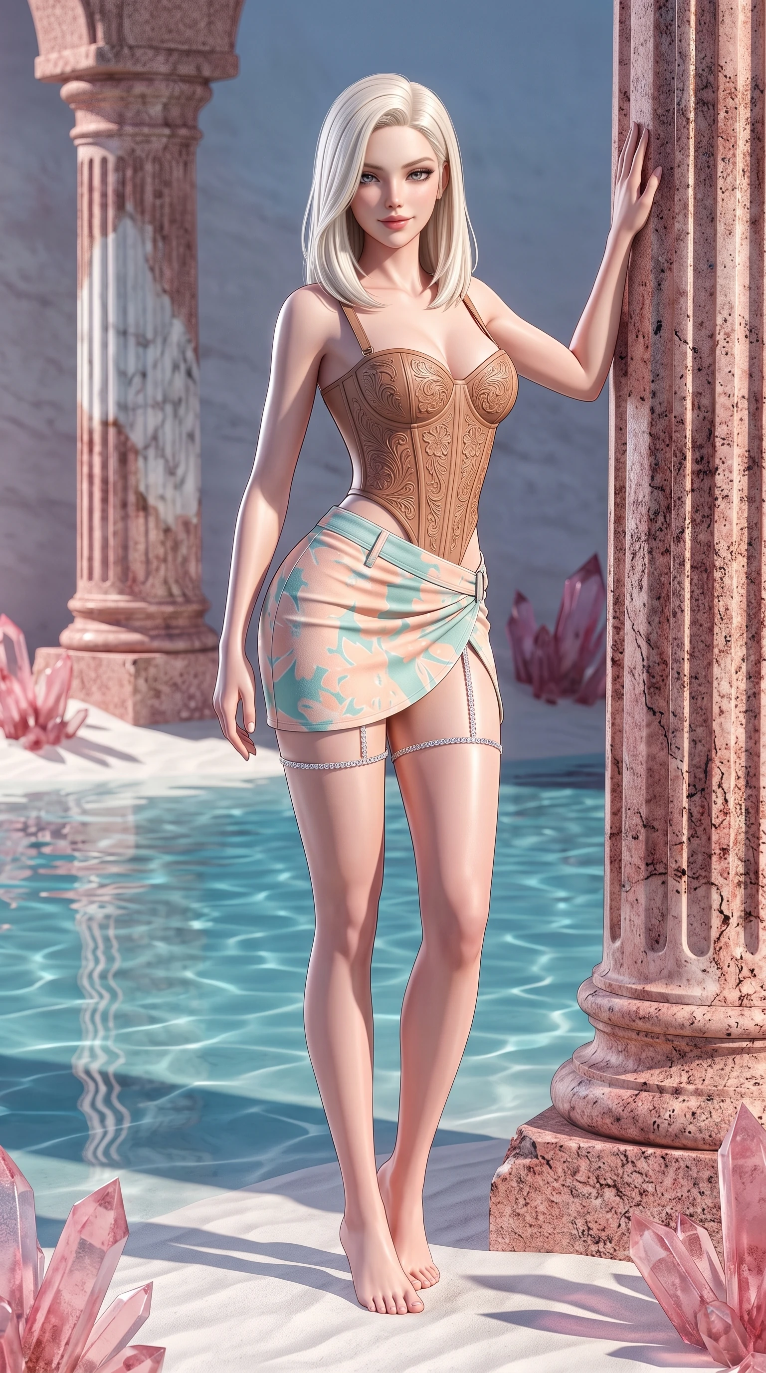 score_9, masterpiece, best quality, ultra-detailed, high-budget anime keyframe, semi-realistic 3D game render, editorial fashion photography, tasteful artistic composition, Caucasian woman. low angle full-body shot from head to toe showing her feet, filling the entire 9:16 vertical frame with her statuesque presence, stretching her vertical silhouette. standing tall beside the architectural column, one hand resting high while arching her lower back to emphasize her sculpted feminine hips and slender waist while twisting her slender torso in an alluring contrapposto stance, crystal-clear lagoon water mirroring her narrow waist and rounded hips. The surrounding environment is rendered in vivid detail and crisp panoramic clarity: sharp pink granite feldspar crystals, clear shallow water ripple shadows on white sand, and wild juniper needles in deep focus. She has an absolutely perfect, statuesque 8.5-heads proportion, an exceptionally tall and slender model-like female figure with impossibly long slender legs, an ultra-slim waist, a flat toned midriff, narrow delicate ribcage, and beautifully sculpted feminine hips creating a graceful, slim hourglass silhouette without any bulky heaviness. sharp v-shaped jawline, high-bridge nose, sparkling eyes with hypnotic seductive depth, thick curled eyelashes, glossy parted lips with a natural dewy peach sheen, alluring bedroom-eyes with an enchanting coquettish smile, exuding magnetic siren charisma and sophisticated glamour, flawlessly proportioned anatomical accuracy, strict slender model proportions, natural body alignment, perfectly sculpted long slender limbs, ultra-slim waistline, clean dynamic posture without body distortion. wearing a structured boned leatherette corset bodice with western floral tooling paired with a micro-wrap denim skirt in pastel peach blossom and Aegean seafoam green, crafted from smooth liquid-tight stretch jersey emphasizing every curve of her body, finished with delicate crystal-encrusted thigh garter straps glinting in the sunlight, the high-slit wrap tailoring accentuating her ultra-slim waistline and the enchanting curve of her feminine hips with alluring seductive charm. illuminated by lagoon water caustic bounce and sharp platinum rim lights defining her delicate clavicles, narrow waist, and curvy hips. highly saturated vibrant anime colors, detailed shading with soft gradients, rich glossy textures, high-contrast stereoscopic depth, volumetric dynamic lighting, master piece, 9:16 ratio