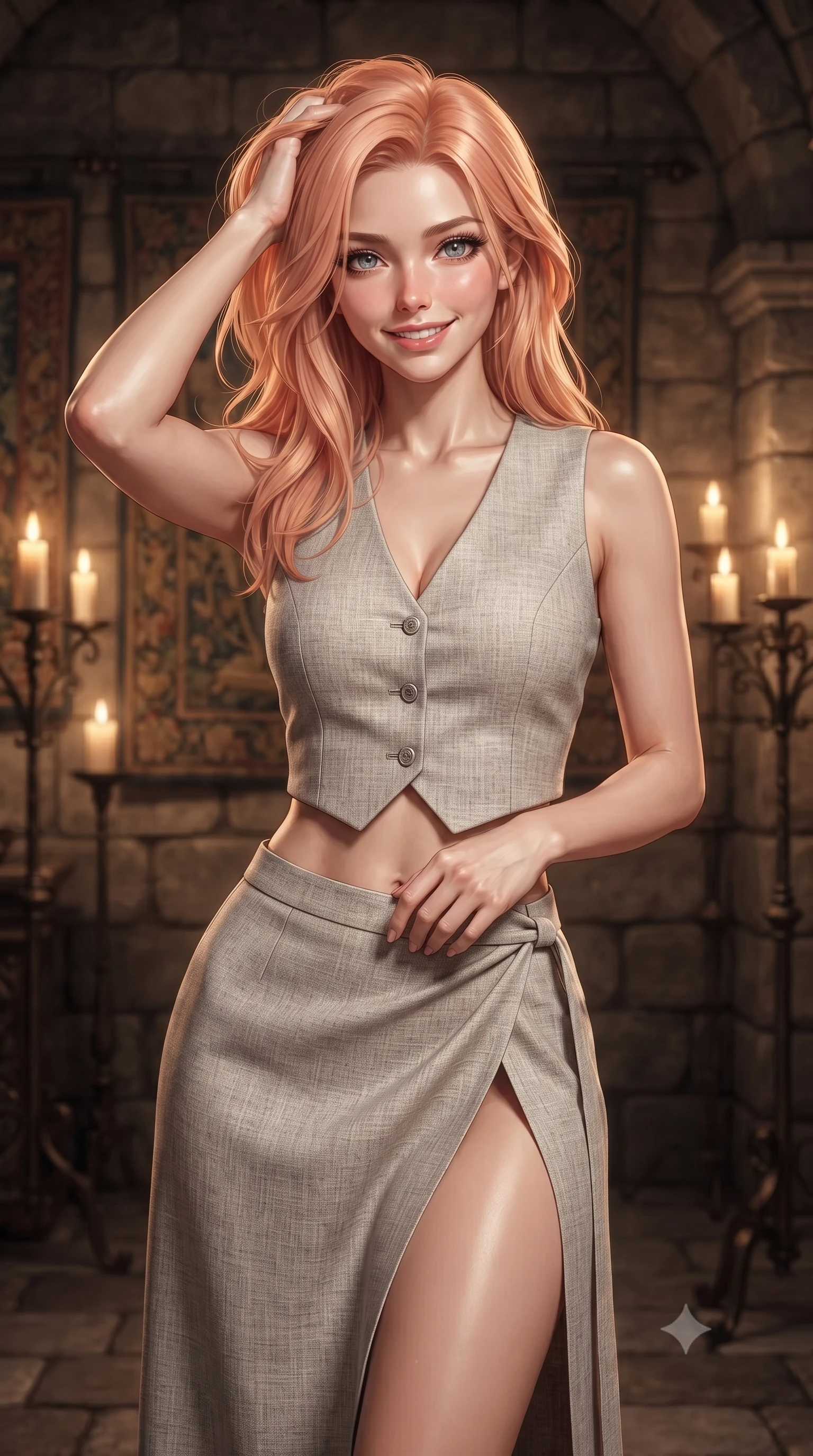 score_9, masterpiece, best quality, ultra-detailed, high-budget anime keyframe, editorial fashion photography, tasteful artistic composition, Japanese woman woman. close-up cowboy shot from the waist and thighs up, the character dominates the composition, filling the frame with her large presence, background elements kept in soft focus. smiling with quiet, magnetic self-assurance directly into the camera, running a hand through her hair the background shows a soft-focus an old stone castle chamber with tapestries and candle stands. She has an exceptionally elegant, slender, and willowy female figure with an ultra-slim waist, a gracefully sculpted slender torso, and a refined silhouette. sharp v-shaped jawline, high-bridge nose, intricate jewel-like eyes with depth, thick eyelashes, glossy lips with a natural sheen. wearing a slim-fit tailored crop vest in light grey linen paired with a matching high-slit wrap skirt, showing her slim waist. warm flickering candle lights casting dramatic shadows on the stone walls. ultra-reflective glossy finish, specular highlights, metallic sheen, high-contrast stereoscopic depth, volumetric dynamic lighting, 2k, ultra detail, master piece, 9:16 ratio