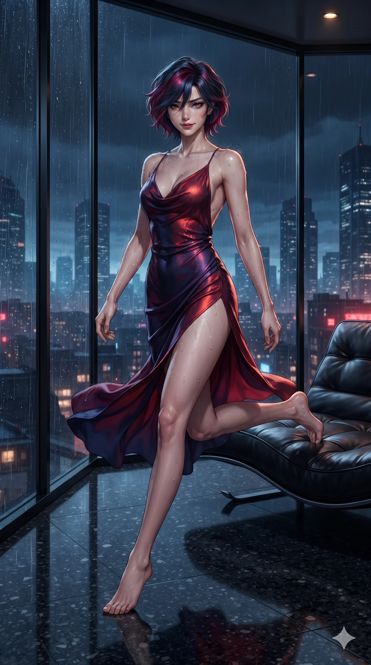 score_9, masterpiece, best quality, ultra-detailed, high-budget anime keyframe, editorial fashion photography, tasteful artistic composition, Korean woman. low angle full-body shot from head to toe showing her feet, filling the entire 9:16 vertical frame with her statuesque presence, stretching her vertical silhouette. striding across the rain-swept glass terrace, nocturnal breezes whipping her garments open to accentuate her long slender legs and curvy hips while reclining on the sleek curved leather lounge beside the panoramic window, one knee drawn up to showcase her slender leg line. The surrounding environment is rendered in vivid detail and crisp panoramic clarity: sharp floor-to-ceiling glass mullions, polished dark terrazzo floor reflections, and crisp distant skyscrapers in deep focus. She has an exceptionally tall and slender model-like 8.5-heads proportion, an ultra-slim waist, a flat toned midriff, narrow delicate ribcage, and beautifully sculpted feminine hips creating a graceful, slim hourglass silhouette without any bulky heaviness, with impossibly long slender legs. sharp v-shaped jawline, high-bridge nose, intricate jewel-like dark sparkling eyes with dangerous depth, thick curled eyelashes, glossy parted lips with a rich wine sheen, smoldering seductive half-smile with bedroom-eyes, exuding effortless superiority and intoxicating dark allure, flawlessly proportioned anatomical accuracy, strict slender model proportions, natural body alignment, perfectly sculpted long slender limbs, ultra-slim waistline, clean dynamic posture without body distortion. wearing a provocative backless liquid lamé slip dress with plunging neckline and hip-high thigh slit in Tokyo Tower scarlet crimson and midnight indigo, tailored from heavy double-faced silk georgette with an exceptionally fluid drape, finished with glistening rain droplets beading across her sculpted shoulders and flat midriff, the impeccably tailored cut draping gracefully along her slender figure with aristocratic noir poise. illuminated by panoramic exterior city light bounce and sharp amber-sapphire rim lights defining her razor-sharp jawline, narrow waist, and curvy hips. ultra-reflective glossy finish, specular highlights, rich textural contrasts, high-contrast stereoscopic depth, volumetric dynamic lighting, 2k, ultra detail, master piece, 9:16 ratio