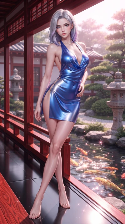 score_9, masterpiece, best quality, ultra-detailed, high-budget anime keyframe, editorial fashion photography, tasteful artistic composition, Caucasian woman. low angle full-body shot from head to toe showing her feet, filling the entire 9:16 vertica