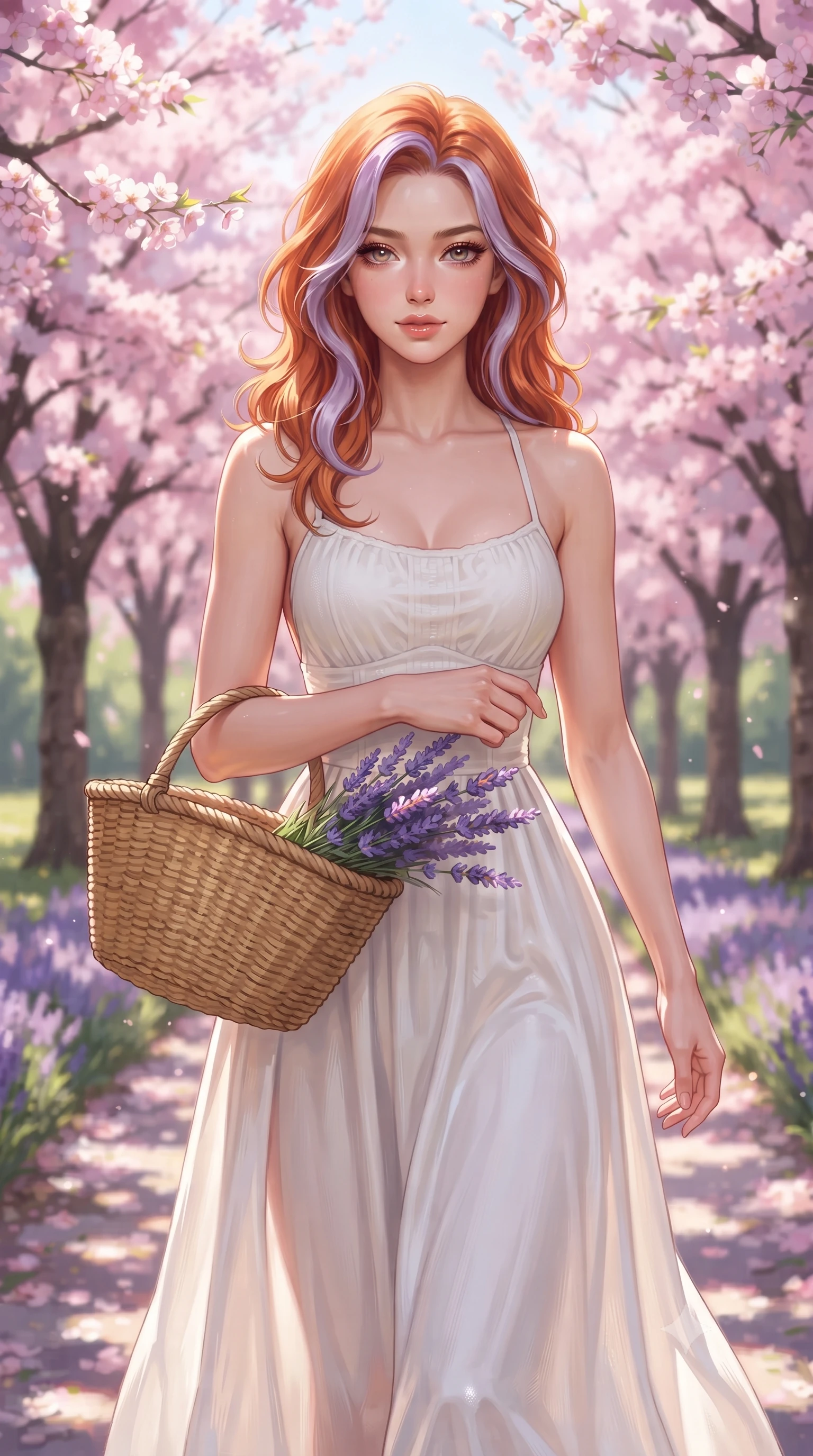 score_9, masterpiece, best quality, ultra-detailed, high-budget anime keyframe, editorial fashion photography, tasteful artistic composition, Caucasian woman. close-up cowboy shot from the waist and thighs up, the character dominates the composition, filling the frame with her large presence, background elements kept in soft focus. gazing at the camera with a smoldering, magnetic half-smile, softly parting her glossy lips set against a soft-focus background of walking down a park path lined with blooming pink cherry blossom trees carrying a woven basket filled with freshly picked lavender stems. She has an exceptionally elegant, slender, and willowy female figure with an ultra-slim waist, a gracefully sculpted slender torso, and a refined silhouette. sharp v-shaped jawline, high-bridge nose, intricate jewel-like eyes with depth, thick eyelashes, glossy lips with a natural sheen. wearing form-contouring backless cotton sundress in white, featuring delicate straps and a long flowing skirt. bright midday sun rays highlighting the vibrant colors of the flowers. ultra-reflective glossy finish, specular highlights, metallic sheen, high-contrast stereoscopic depth, volumetric dynamic lighting, 2k, ultra detail, master piece, 9:16 ratio