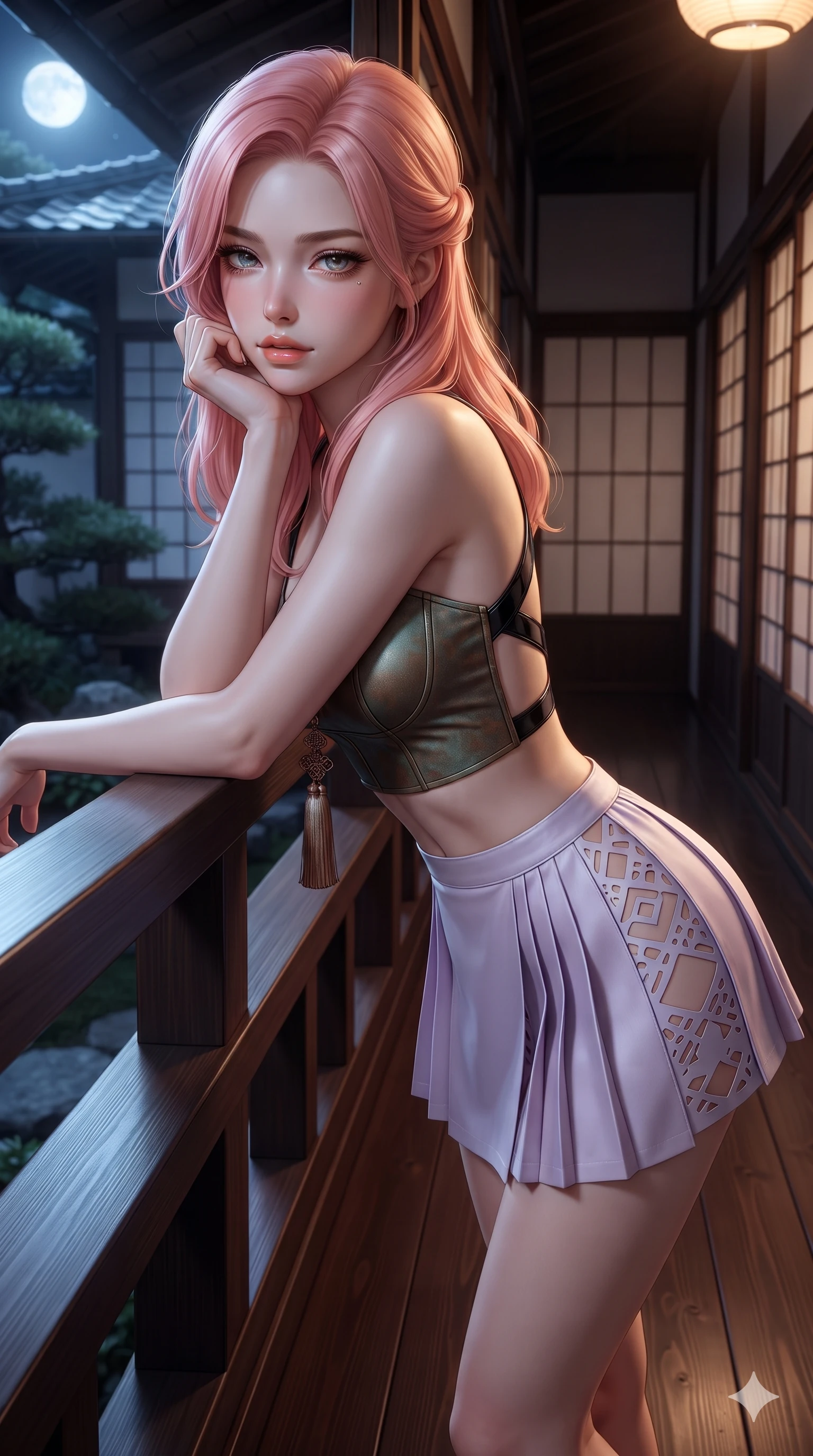 score_9, masterpiece, best quality, ultra-detailed, high-budget anime keyframe, editorial fashion photography, tasteful artistic composition, Japanese woman. close-up cowboy shot from the waist and thighs up, the character dominates the composition, filling the frame with her large presence. resting one elbow on the lacquered balustrade and supporting her chin, leaning close to the camera with heavy-lidded sparkling eyes and parted lips while twisting her slender torso in an alluring S-curve against the dark wood framing, moonlight and interior paper lantern glow tracing her curves. The surrounding environment is rendered in vivid detail and crisp panoramic clarity: sharp wood joinery seams on sliding screen frames, rice-paper texture, and polished timber floorboard gloss in deep focus. She has an exceptionally elegant, slender, and willowy female figure with an ultra-slim waist, flat toned midriff, narrow ribcage, and sculpted feminine hips creating an alluring, slim hourglass silhouette without bulk. sharp v-shaped jawline, high-bridge nose, sparkling eyes with hypnotic seductive depth, thick curled eyelashes, glossy parted lips with a natural dewy peach sheen, alluring bedroom-eyes with an enchanting coquettish smile, exuding magnetic siren charisma and sophisticated glamour, flawlessly proportioned anatomical accuracy, strict slender model proportions, natural body alignment, perfectly sculpted long slender limbs, ultra-slim waistline, clean dynamic posture without body distortion. wearing a modern boned hanbok bustier top with norigae tassel paired with an ultra-short micro-pleated silk wrap mini skirt in vintage bronze patina and pale wisteria lilac, adorned with laser-cut diamond side panels revealing teasing glimpses of bare skin, featuring an open-back criss-cross harness strap in patent black leather, the form-fitting cut adhering flawlessly to her sculpted flat midriff and slender torso, emphasizing her long leg lines and perfectly proportioned willowy build. bathed in dual lighting: cool silver moonlight from the exterior garden contrasting with warm 2700K lantern glow from within. ultra-reflective glossy finish, specular highlights, rich textural contrasts, high-contrast stereoscopic depth, volumetric dynamic lighting, 2k, ultra detail, master piece, 9:16 ratio