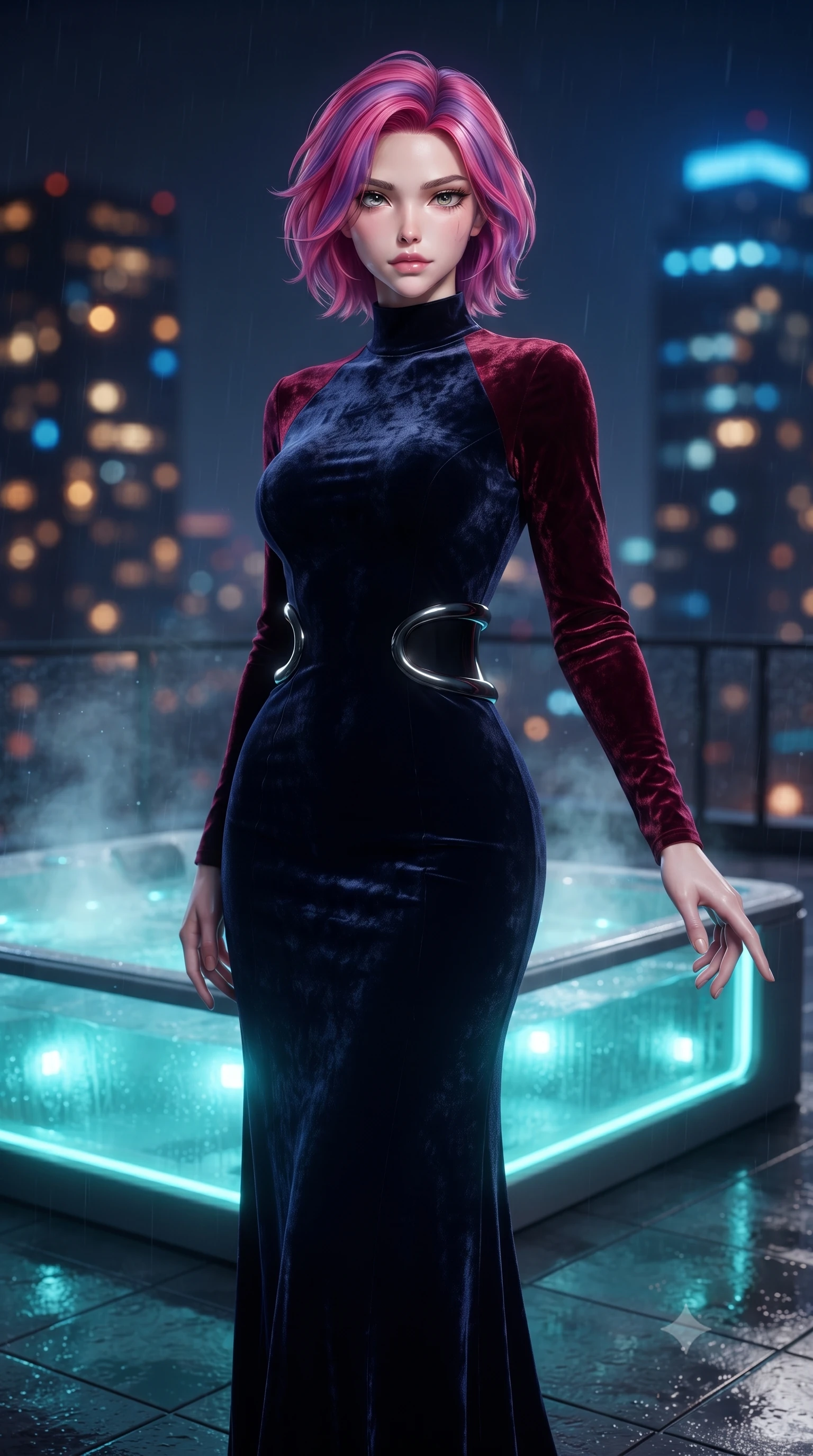 score_9, masterpiece, best quality, ultra-detailed, high-budget anime keyframe, editorial fashion photography, tasteful artistic composition, Caucasian woman. close-up cowboy shot from the waist and thighs up, the character dominates the composition, filling the frame with her large presence, background elements kept in soft focus. Reaching one hand toward the viewer with relaxed sensual elegance, standing on a rain-slicked penthouse rooftop terrace beside a steaming glass jacuzzi, distant skyscraper lights forming soft amber and blue bokeh in the background. She has an exceptionally elegant, slender, and willowy female figure with an ultra-slim waist, a gracefully sculpted slender torso, and a refined silhouette. sharp v-shaped jawline, high-bridge nose, intricate jewel-like eyes with depth, thick eyelashes, glossy lips with a natural sheen. wearing floor-length high-neck midnight navy velvet gown with long sleeves in deep crimson burgundy, made of crushed dark silk velvet, accented with sculpted obsidian chrome rings at the waist, accentuating her gracefully sculpted slender torso. illuminated by glowing aqua LED jacuzzi lights and distant city skyglow. ultra-reflective glossy finish, specular highlights, metallic sheen, high-contrast stereoscopic depth, volumetric dynamic lighting, 2k, ultra detail, master piece, 9:16 ratio