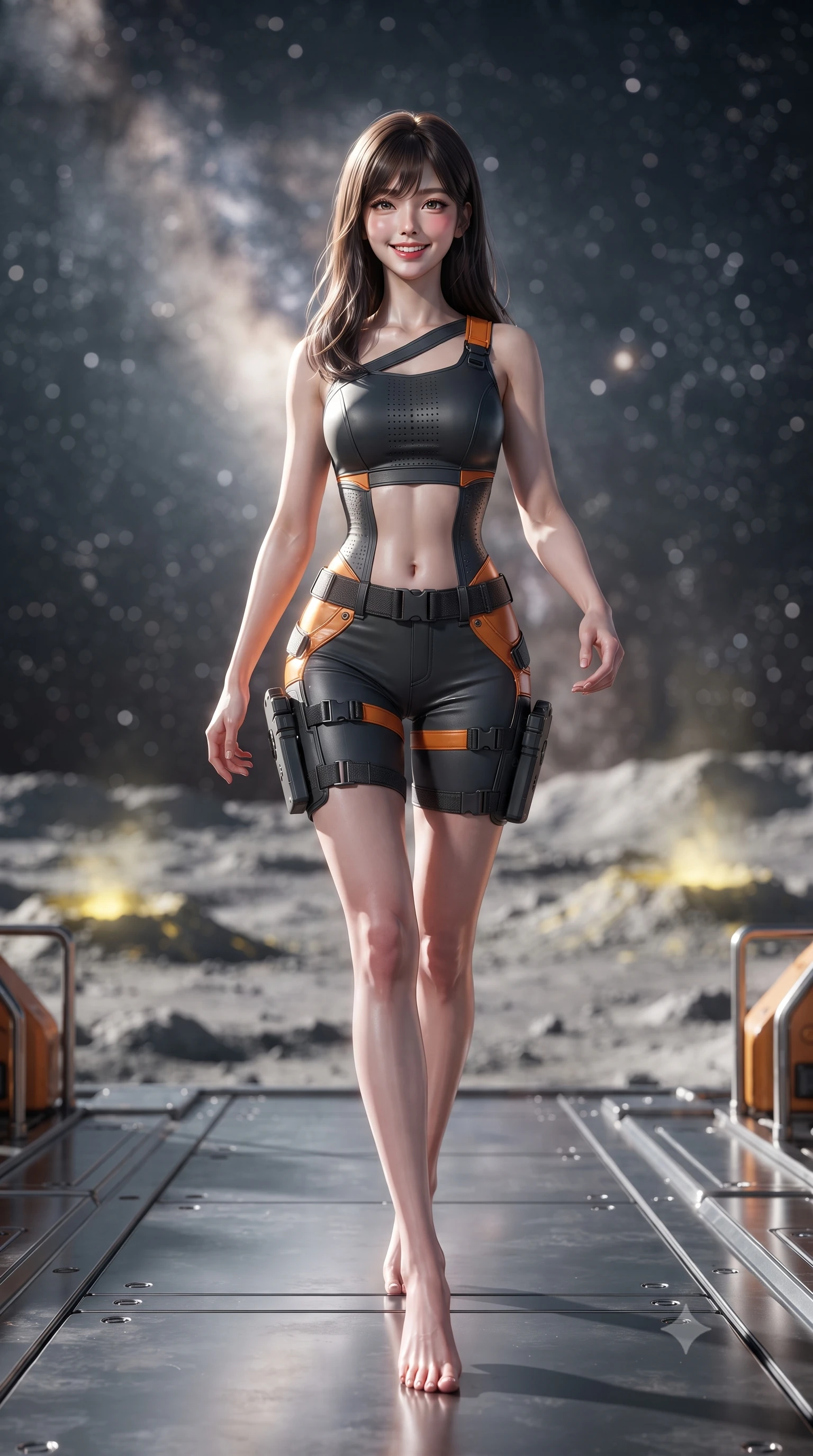score_9, masterpiece, best quality, ultra-detailed, high-budget anime keyframe, editorial fashion photography, tasteful artistic composition, Korean woman. low angle full-body shot from head to toe showing her feet, filling the entire 9:16 vertical frame with her statuesque presence, stretching her vertical silhouette. striding forward gracefully across the reflective metal deck in mid-motion with a radiant beaming smile, hips swaying in an alluring kinetic rhythm that accentuates her curvy hourglass silhouette and long slender legs while standing on the open excavator gantry overlooking sulfur-crusted lunar plains under the Milky Way, arching her back with majestic poise. The background shows a soft-focus vast cratered lunar regolith and glowing sulfur vents beneath a brilliant galactic starfield blurred into starlight white, sulfur gold, and obsidian bokeh. She has an absolutely perfect, statuesque 8.5-heads proportion, an exceptionally tall and slender model-like female figure with impossibly long slender legs, an ultra-slim waist, a flat toned midriff, narrow delicate ribcage, and beautifully sculpted feminine hips creating a graceful, slim hourglass silhouette without any bulky heaviness. sharp v-shaped jawline, high-bridge nose, intricate jewel-like sparkling eyes with depth, thick eyelashes, glossy parted lips with a natural sheen, bright confident smile with an enchanting and coquettish sensual glint, exuding both youthful magnetic charm and sovereign high-tech allure, flawlessly proportioned anatomical accuracy, strict slender model proportions, natural body alignment, perfectly sculpted long slender limbs, ultra-slim waistline, clean dynamic posture without body distortion. wearing a high-tech mechanic crop top with asymmetric shoulder straps paired with ultra-fitted tactical hot-pants and thigh holsters in stealth charcoal slate and molten laser orange, made of high-grade ballistic nylon with precision laser-cut perforations, finished with delicate carbon-fiber boning framing the narrow waistline, the form-fitting tactical tailoring adhering flawlessly to her sculpted flat midriff and slender torso, emphasizing her long leg lines and perfectly proportioned willowy build. illuminated by ground reflections and sharp platinum rim lights defining her slim torso, narrow waist, and curvy hips. ultra-reflective glossy finish, specular highlights, rich textural contrasts, high-contrast stereoscopic depth, volumetric dynamic lighting, 2k, ultra detail, master piece, 9:16 ratio