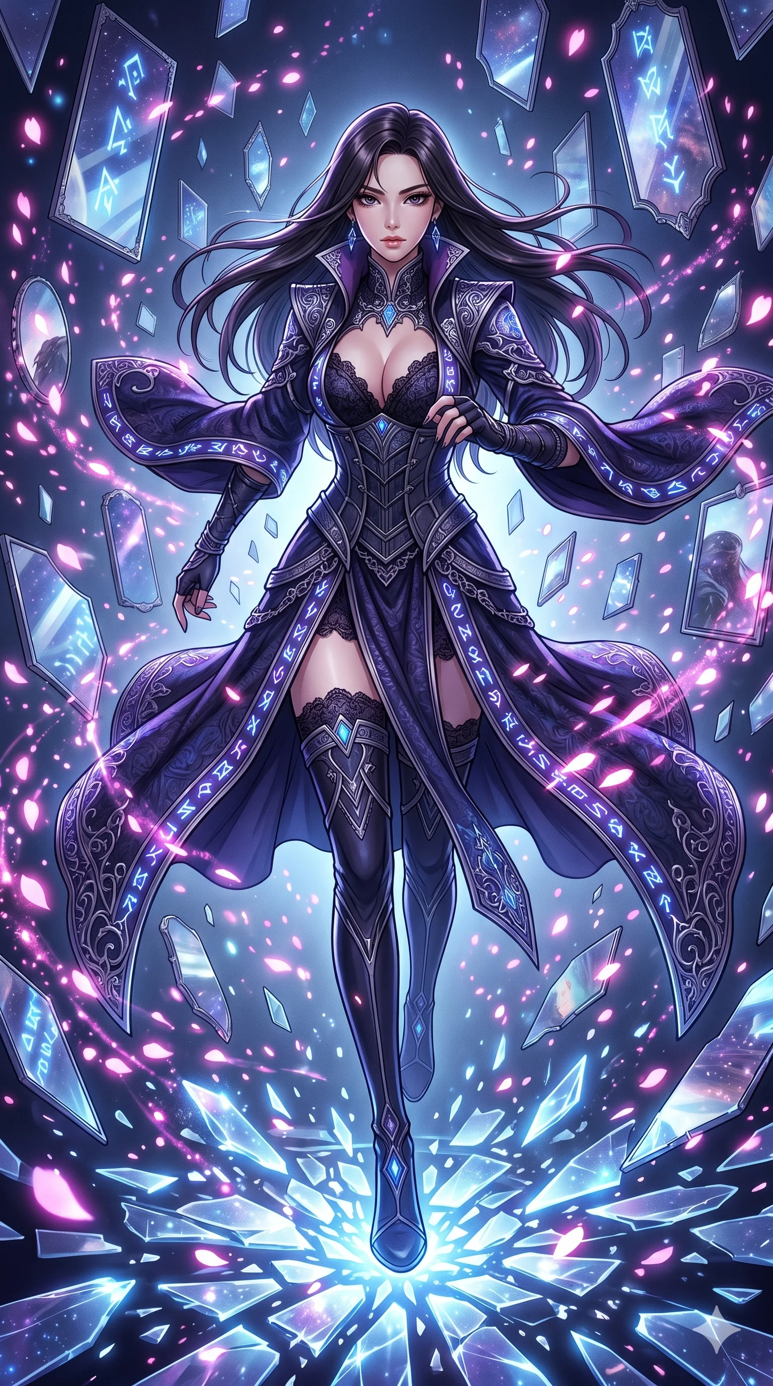 score_9, masterpiece, best quality, ultra-detailed, Set A: High-budget Anime Keyframe, Korean woman. Low angle cowboy shot filling the entire 9:16 frame with her statuesque presence. Sprinting through a dimension of floating mirrors, as the ground beneath her turns into 81 shards of light and surrounded by digital sakura petals. She has an absolutely perfect 8-heads proportion, an exceptionally tall and slender female figure with impossibly long slender legs and an ultra-slim waist. Sharp v-shaped jawline, high-bridge nose, intricate jewel-like eyes with depth, thick eyelashes, glossy lips with a natural sheen. Wearing Dark sorceress robes with glowing runes and a deep-cut lace corset. Cinematic lighting, vibrant colors, dramatic shadows, 2k, ultra detail, master piece, 9:16 ratio