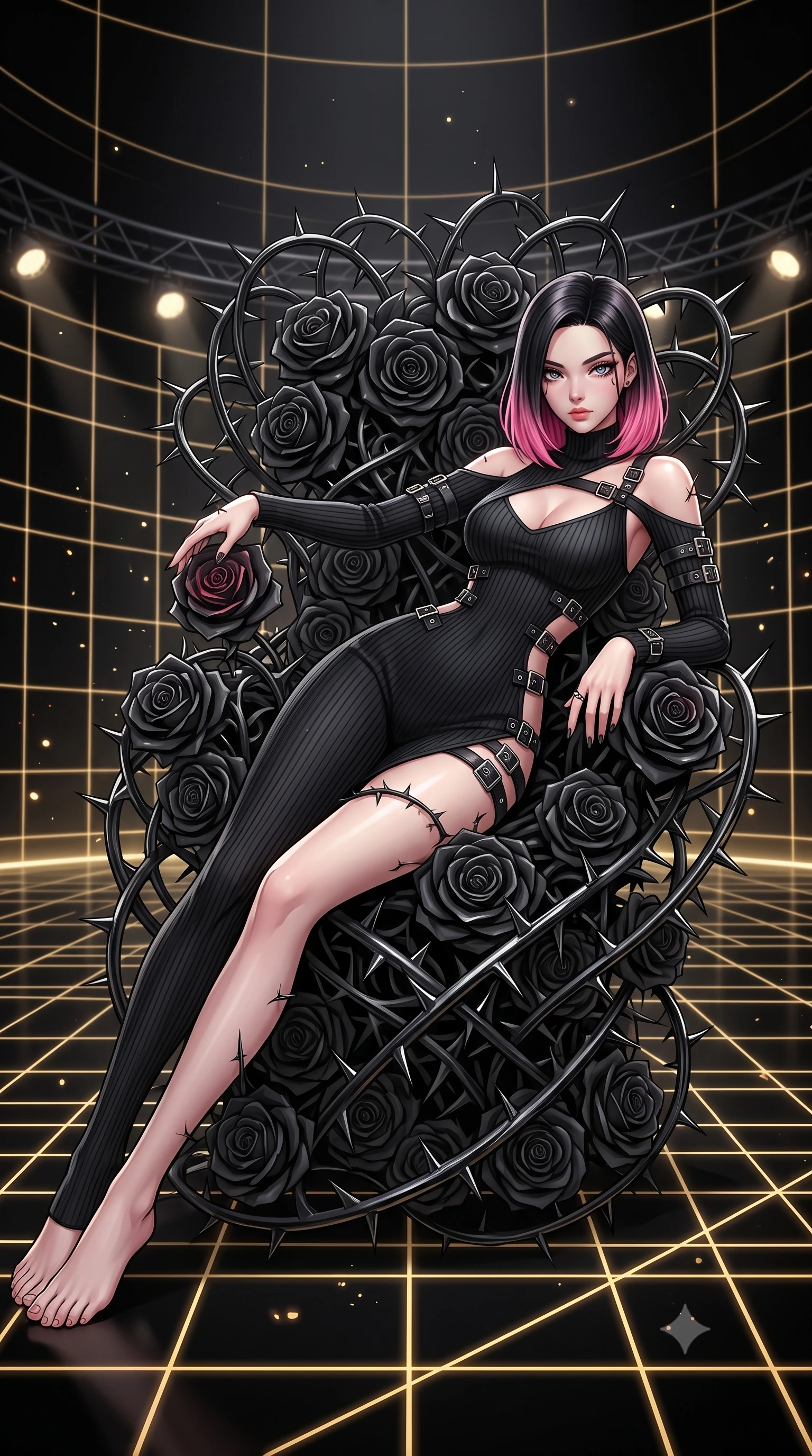 score_9, masterpiece, best quality, ultra-detailed, High-budget Anime Keyframe, East Asian woman. Dynamic full-body shot stretching the vertical silhouette to the limit. Scenario 322: resting on a throne of black roses, thorns grazing her skin, in a digital arena where gold gridlines project onto the black walls. Her presence is magnetic and overpowering in this high-budget anime scene. Outfit 322: a slim-fit ribbed bodycon knit dangerous with a low-cut shoulder and metallic buckles. The clothing is designed to emphasize her exceptionally tall and slender 8-heads proportion. 8-heads proportion, towering silhouette, ultra-slim waist. sharp v-shaped jawline, intricate jewel-like eyes with depth, thick eyelashes, glossy lips. 2k, ultra detail, master piece, 9:16 ratio