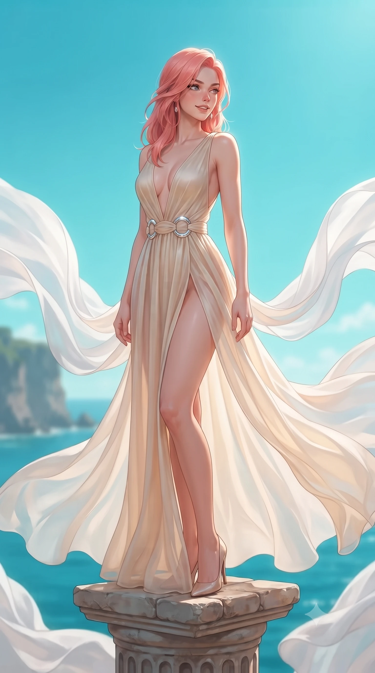 score_9, masterpiece, best quality, ultra-detailed, high-budget anime keyframe, editorial fashion photography, tasteful artistic composition, Japanese woman. close-up cowboy shot from the waist and thighs up, the character dominates the composition, filling the frame with her large presence, background elements kept in soft focus. Glancing sidelong over her shoulder with a smoldering half-smile, poised on a stone pedestal surrounded by floating white chiffon drapes, dynamic fluid movement of flowing opal chiffon drapery in the sea wind. She has an exceptionally elegant, slender, and willowy female figure with an ultra-slim waist, a gracefully sculpted slender torso, and a refined silhouette. sharp v-shaped jawline, high-bridge nose, intricate jewel-like eyes with depth, thick eyelashes, glossy lips with a natural sheen. wearing deep plunging V-neckline champagne silk gown with daring high thigh slit in champagne gold, made of sheer opal chiffon overlay, accented with sculpted opal chrome rings at the waist, following her slender form with tailored precision. bathed in bright turquoise ocean skyglow with soft white rim lights. ultra-reflective glossy finish, specular highlights, metallic sheen, high-contrast stereoscopic depth, volumetric dynamic lighting, 2k, ultra detail, master piece, 9:16 ratio