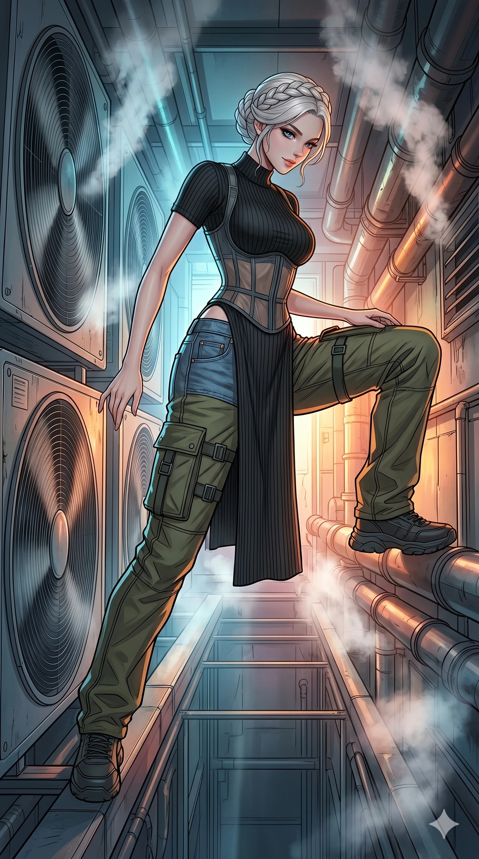 score_9, masterpiece, best quality, ultra-detailed, high-budget anime movie keyframe, cinematic anime lighting, intricate line art, Japanese anime girl. Dynamic full-body shot stretching the vertical silhouette with extreme perspective. navigating a corridor of spinning fans and steam pipes. She has an absolutely perfect 8-heads proportion, an exceptionally tall and slender female figure with an ultra-slim waist and impossibly long slender legs. strictly human anatomy, two legs only, no extra limbs, clearly defined legs and arms, perfect anatomy, perfect hands and fingers. sharp v-shaped jawline, high-bridge nose, intricate jewel-like eyes, thick eyelashes, glossy lips. Wearing Urban Trendsetter: Ribbed bodycon dress, crop top with high-waist denim, and sheer corset with cargo pants. The scene is illuminated by dramatic atmospheric lighting and vibrant color palettes. , 2k, ultra detail, master piece, 9:16 ratio