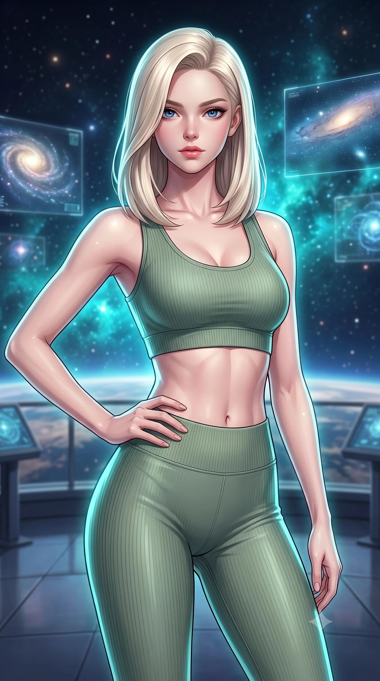 score_9, masterpiece, best quality, ultra-detailed, high-budget anime keyframe, editorial fashion photography, tasteful artistic composition, Caucasian woman woman. close-up cowboy shot from the waist and thighs up, the character dominates the composition, filling the frame with her large presence, background elements kept in soft focus. She has an exceptionally elegant, slender, and willowy female figure with an ultra-slim waist, a gracefully sculpted slender torso, and a refined silhouette. holding a confident power pose with one hand on her hip, looking directly into the camera with quiet self-assurance, flawlessly proportioned anatomical accuracy, natural body alignment, perfectly sculpted elegant limbs, clean dynamic posture without body distortion. set against a soft-focus background of a panoramic star observatory deck with floating galaxy maps. wearing a tight-fitting sage green ribbed activewear set with a body-hugging silhouette. bathed in starlight and cosmic turquoise nebula glow wrapping her athletic build. highly saturated vibrant anime colors, detailed shading with soft gradients, rich glossy textures, high-contrast stereoscopic depth, volumetric dynamic lighting, master piece, 9:16 ratio