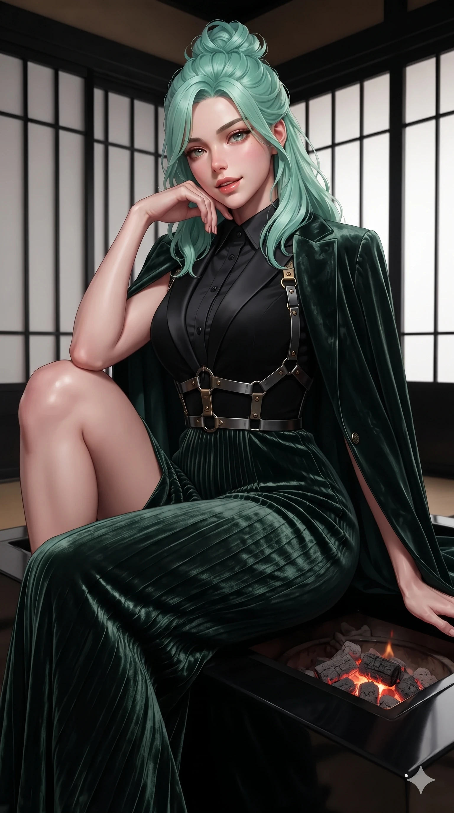 score_9, masterpiece, best quality, ultra-detailed, high-budget anime keyframe, editorial fashion photography, tasteful artistic composition, Japanese woman. close-up cowboy shot from the waist and thighs up, the character dominates the composition, filling the frame with her large presence. tilting her head with a teasing half-smile, running one hand slowly down the side of her hip in a flirtatious S-curve while perched gracefully on the edge of the sunken black lacquer tea hearth, propped on one elbow with parted glossy lips. The surrounding environment is rendered in vivid detail and crisp panoramic clarity: detailed tailored onyx tux dress drape, fine silk lapel texture, and Japanese minimalist joinery in razor-sharp precision. She has an exceptionally elegant, slender, and willowy female figure with an ultra-slim waist, flat toned midriff, narrow ribcage, and sculpted feminine hips creating an alluring, slim hourglass silhouette without bulk. sharp v-shaped jawline, high-bridge nose, intricate jewel-like dark sparkling eyes with hypnotic seductive depth, thick curled eyelashes, glossy parted lips with a natural wine sheen, alluring bedroom-eyes with an enigmatic smoldering smile, exuding magnetic sovereign charisma and dark avant-garde glamour, flawlessly proportioned anatomical accuracy, strict slender model proportions, natural body alignment, perfectly sculpted long slender limbs, ultra-slim waistline, clean dynamic posture without body distortion. wearing a high-neck liquid satin evening cape gown with modest pleated column skirt in deep velvet forest green and antique brass, tailored from crushed dark velvet with deep light-absorbing plush texture, highlighted by a gunmetal metallic harness structure, accentuating her gracefully sculpted slender torso and statuesque proportions. bathed in soft diffuse light filtering through black paper shoji screens and glowing charcoal brazier embers. ultra-reflective glossy finish, specular highlights, metallic sheen, high-contrast stereoscopic depth, volumetric dynamic lighting, 2k, ultra detail, master piece, 9:16 ratio