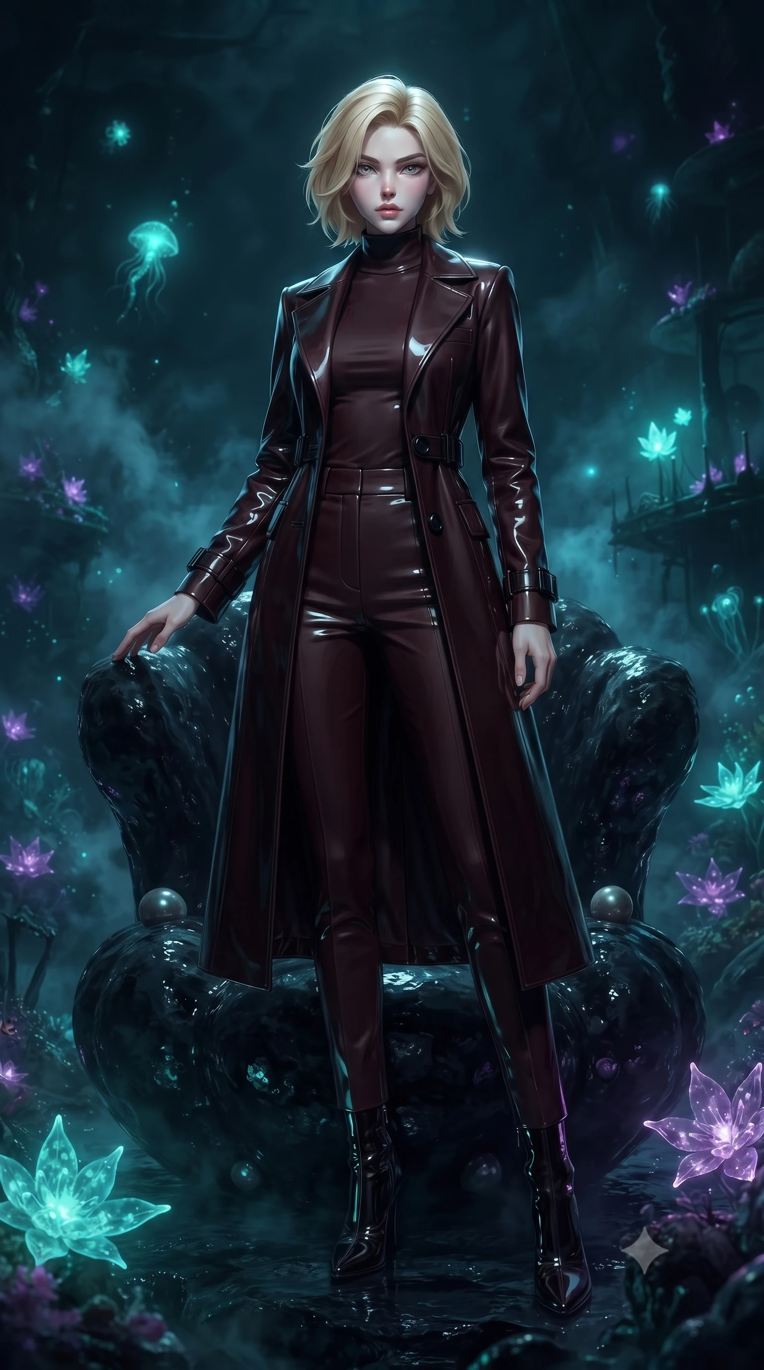 score_9, masterpiece, best quality, ultra-detailed, high-budget anime keyframe, editorial fashion photography, tasteful artistic composition, Caucasian woman. low angle full-body shot from head to toe showing her feet, filling the entire 9:16 vertical frame with her statuesque presence, stretching her vertical silhouette. forging confidently through the dark atmospheric mist, holding a poised statuesque stance, poised on a dark obsidian pearl throne surrounded by deep sea bioluminescence, glowing sea crystal blossoms casting eerie aqua glow. She has an absolutely perfect, statuesque 8.5-heads proportion, an exceptionally tall and slender model-like female figure with impossibly long slender legs and an ultra-slim waist. sharp v-shaped jawline, high-bridge nose, intricate jewel-like eyes with depth, thick eyelashes, glossy lips with a natural sheen. wearing structured dark leather long coat over turtleneck and tailored slacks in dark mahogany, made of high-gloss liquid vinyl, adorned with minimalist black onyx hardware framing the silhouette, accentuating her gracefully sculpted slender torso. surrounded by an eerie underwater aura with sharp pearl rim highlights. highly saturated vibrant anime colors, detailed shading with soft gradients, rich glossy textures, high-contrast stereoscopic depth, volumetric dynamic lighting, master piece, 9:16 ratio