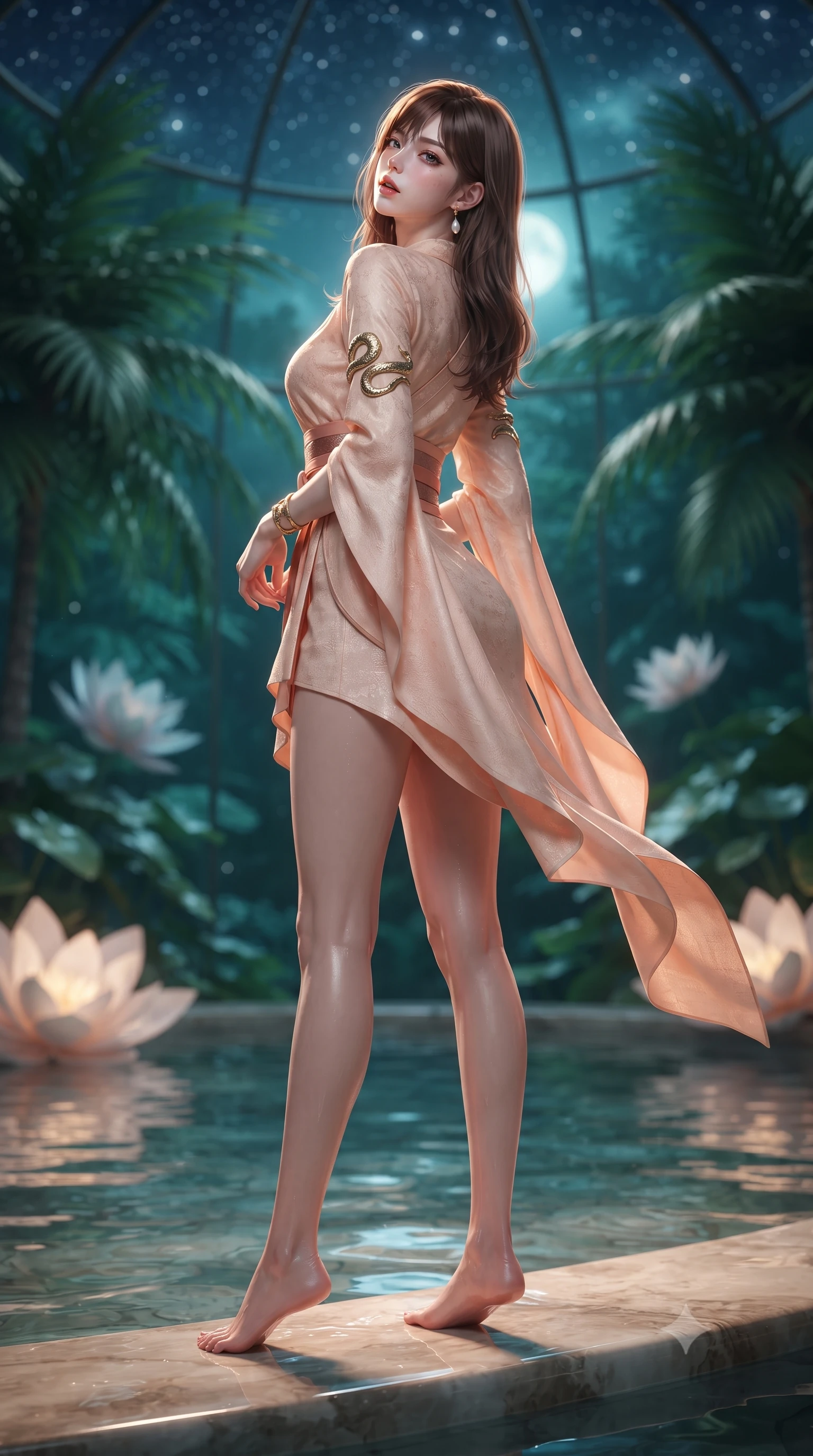 score_9, masterpiece, best quality, ultra-detailed, high-budget anime keyframe, editorial fashion photography, tasteful artistic composition, Korean woman. low angle full-body shot from head to toe showing her feet, filling the entire 9:16 vertical frame with her statuesque presence, stretching her vertical silhouette. posing with back turned slightly to the lens, glancing back with smoldering allure as she arches her lower back to emphasize her sculpted feminine hips and slender waist while resting on a submerged stone bench as warm water laps at her waist, head tilted back toward the starry glass dome with parted lips. The composition keeps background elements in soft focus with creamy bokeh. towering exotic palm fronds and giant floating lily blossoms blurred into deep emerald, turquoise, and soft moonlight bokeh. She has an absolutely perfect, statuesque 8.5-heads proportion, an exceptionally tall and slender model-like female figure with impossibly long slender legs, a toned flat midriff, an ultra-slim waist, and beautifully sculpted feminine hips. sharp v-shaped jawline, high-bridge nose, intricate jewel-like eyes with depth, thick eyelashes, glossy parted lips with a natural sheen, intensely captivating and seductive bedroom-eyes expression, flawlessly proportioned anatomical accuracy, strict slender model proportions, natural body alignment, perfectly sculpted long slender limbs, ultra-slim waistline, clean dynamic posture without body distortion. wearing a traditional-modern silk fusion wrap dress with asymmetric trailing sleeves and waist-cinching obi in pale peach blossom and brushed copper, crafted from breathable crinkled linen and lightweight modal knit, complemented by sculpted gold serpent armlets and pearl drop earrings, the form-contouring material adhering flawlessly to her sculpted flat midriff and slender torso, emphasizing her long leg lines and perfectly proportioned willowy build. illuminated by wet specular highlights accentuating her slender neckline, sculpted waist, and rounded hips. ultra-reflective glossy finish, specular highlights, rich textural contrasts, high-contrast stereoscopic depth, volumetric dynamic lighting, 2k, ultra detail, master piece, 9:16 ratio
