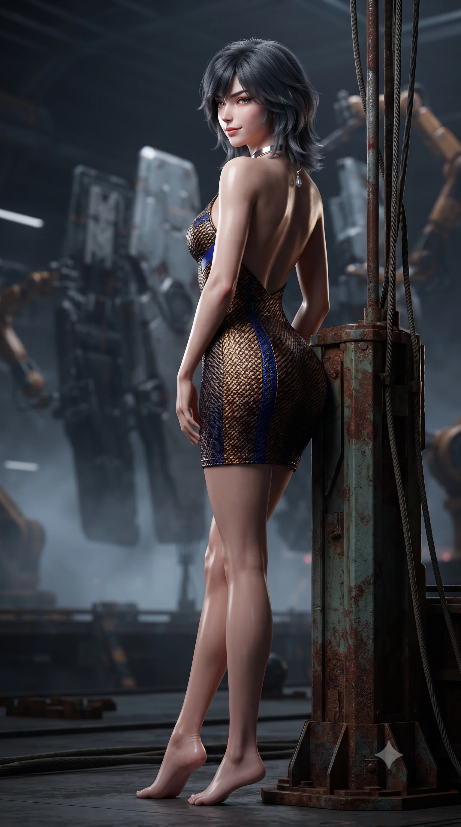 score_9, masterpiece, best quality, ultra-detailed, high-budget anime keyframe, editorial fashion photography, tasteful artistic composition, Caucasian woman. low angle full-body shot from head to toe showing her feet, filling the entire 9:16 vertical frame with her statuesque presence, stretching her vertical silhouette. walking along the terrace with poise, looking back over her bare shoulder with an irresistible smoldering bedroom-gaze while leaning against the magnetic stabilization pylon with hips cocked back, watching floating composite armor slabs maneuver into position with heavy-lidded bedroom-eyes. The background shows a soft-focus welding vapor haze softened in zero-gravity naval drydock shallow focus. She has an exceptionally tall and slender model-like 8.5-heads proportion, an ultra-slim waist, a flat toned midriff, narrow delicate ribcage, and beautifully sculpted feminine hips creating a graceful, slim hourglass silhouette without any bulky heaviness, with impossibly long slender legs. sharp v-shaped jawline, high-bridge nose, intricate jewel-like sparkling eyes with depth, thick eyelashes, glossy parted lips with a natural peach sheen, bright cheerful beaming smile with an enchanting and coquettish sensual glint, exuding both youthful cute charm and seductive allure, flawlessly proportioned anatomical accuracy, strict slender model proportions, natural body alignment, perfectly sculpted long slender limbs, ultra-slim waistline, clean dynamic posture without body distortion. wearing a dense bandage-knit tactical officer dress with subtle geometric chest accents contouring her delicate ribcage and feminine hips in Jovian storm amber and electric cobalt, woven from structured carbon-fiber jacquard with rich textural depth, finished with a minimalist chrome choker and a single teardrop diamond pendant, the bespoke structured tailoring following the natural line of her 8.5-heads silhouette with refined elegance. illuminated by dark hull reflection bounce and sharp molten-gold rim lights sculpting her razor-sharp jawline, narrow waist, and curvy hips. ultra-reflective glossy finish, specular highlights, rich textural contrasts, high-contrast stereoscopic depth, volumetric dynamic lighting, 2k, ultra detail, master piece, 9:16 ratio