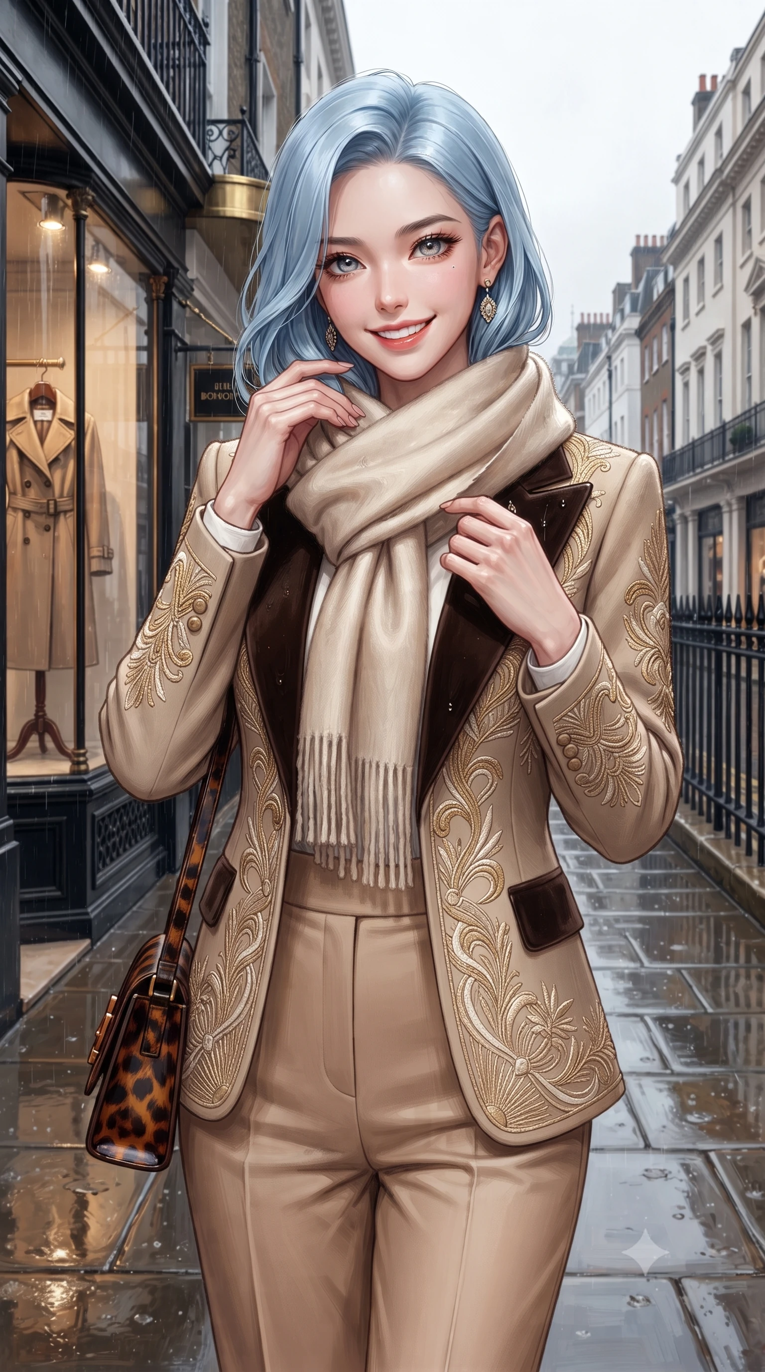 score_9, masterpiece, best quality, ultra-detailed, high-budget anime keyframe, editorial fashion photography, tasteful artistic composition, Korean woman. close-up cowboy shot from the waist and thighs up, the character dominates the composition, filling the frame with her large presence. touching her silk scarf with delicate fingertips while casting an affectionate, warm glance toward the lens while sheltering under the brass-trimmed boutique portico, brushing a raindrop from her lapel with effortless sartorial elegance. The surrounding environment is rendered in vivid detail and crisp panoramic clarity: detailed double-breasted trench coat stitching, tortoiseshell buckle accents, and Mayfair heritage streetscape in razor-sharp precision. She has an exceptionally elegant, slender, and willowy female figure with an ultra-slim waist, flat toned midriff, narrow ribcage, and sculpted feminine hips creating an alluring, slim hourglass silhouette without bulk. sharp v-shaped jawline, high-bridge nose, intricate jewel-like sparkling eyes with depth, thick eyelashes, glossy parted lips with a natural peach sheen, bright cheerful beaming smile with an enchanting and coquettish sensual glint, exuding both youthful cute charm and seductive allure, flawlessly proportioned anatomical accuracy, strict slender model proportions, natural body alignment, perfectly sculpted long slender limbs, ultra-slim waistline, clean dynamic posture without body distortion. wearing a retro Art Deco embroidered wool blazer with velvet lapels paired with high-waisted pressed trousers in soft champagne ivory and warm biscuit beige, crafted from fluid mulberry silk twill with an understated lustrous pearl finish, accented with a wide brushed cashmere fringe scarf draped elegantly over one shoulder, the bespoke architectural tailoring hugging her natural waistline with sartorial precision, creating a clean graceful hourglass silhouette with tall model elegance. illuminated by wet pavement specular reflections and crisp silver-amber rim lights accentuating her tall slender frame and cheekbones. ultra-reflective glossy finish, specular highlights, rich textural contrasts, high-contrast stereoscopic depth, volumetric dynamic lighting, 2k, ultra detail, master piece, 9:16 ratio